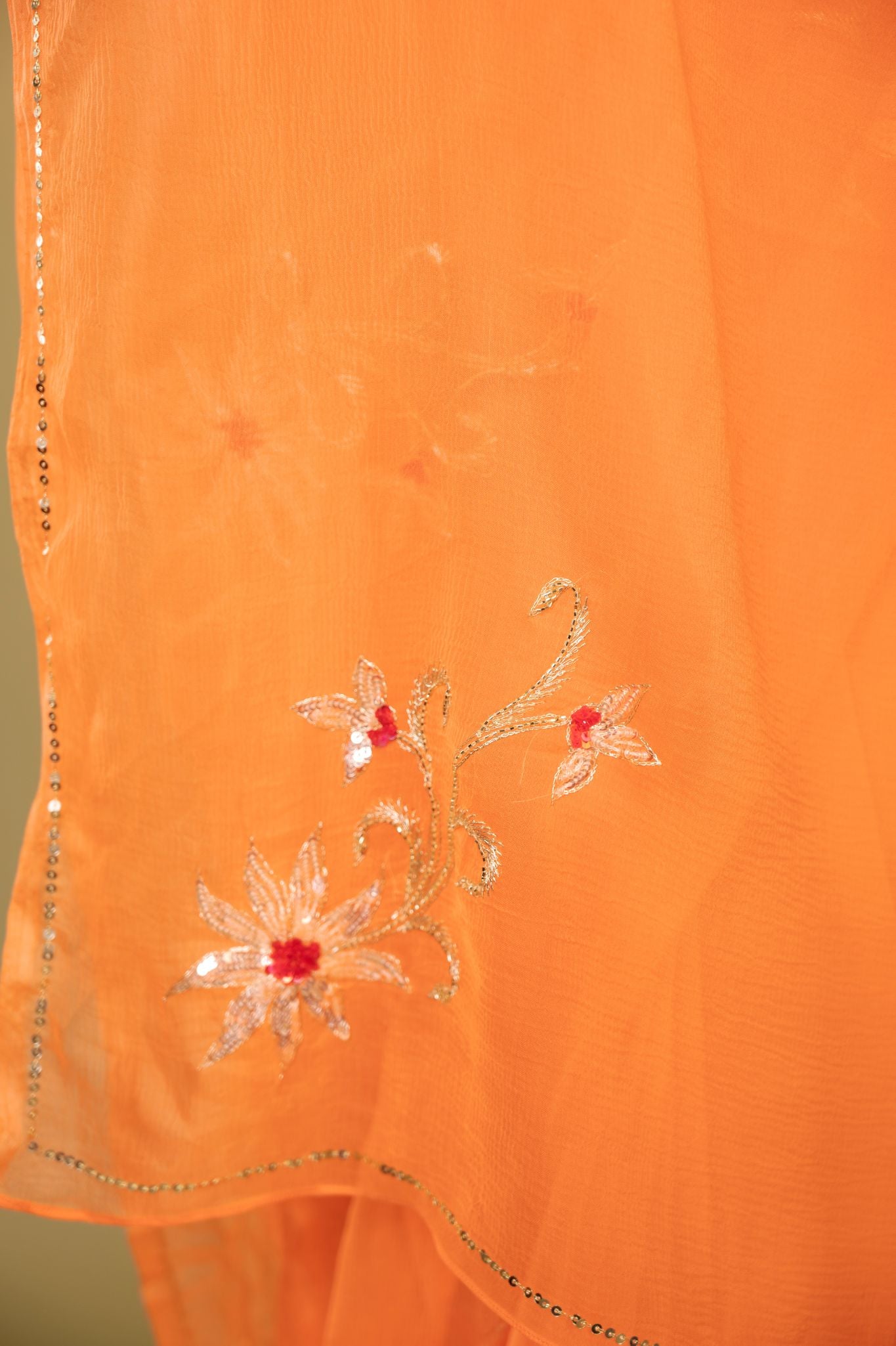 Peach viscose chiffon aari sequins  motif handwork casual wear saree