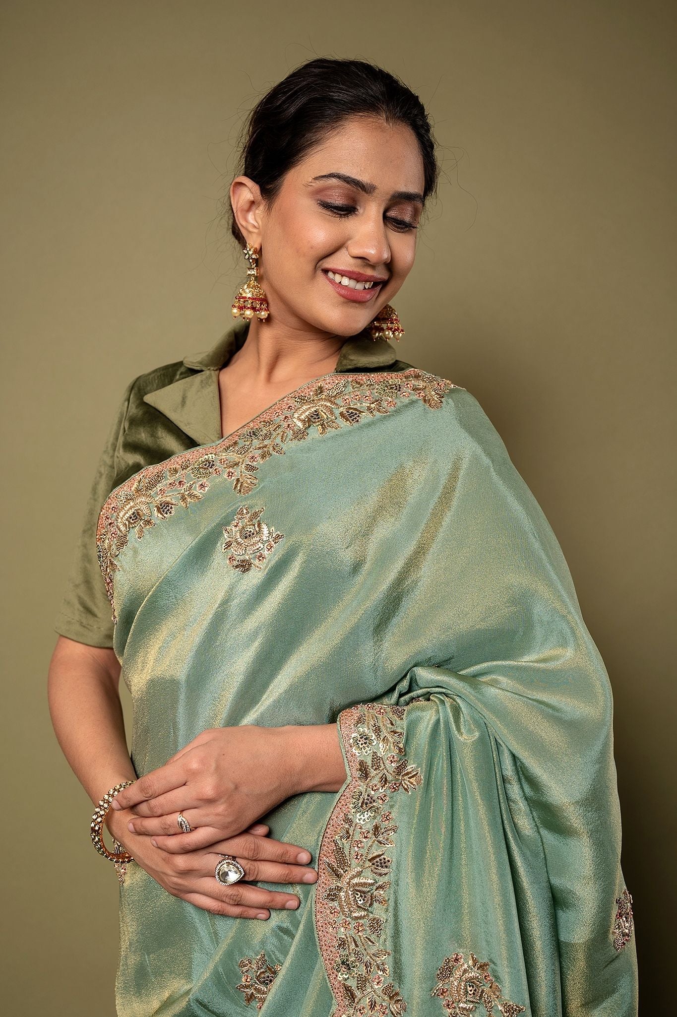 Green  pure tissue Resham Zardozi border butti handwork saree