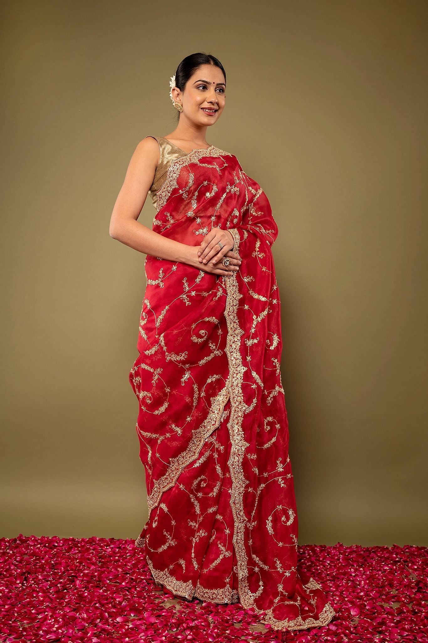 red pure organza Dapka Zardozi border butti jaal handwork saree