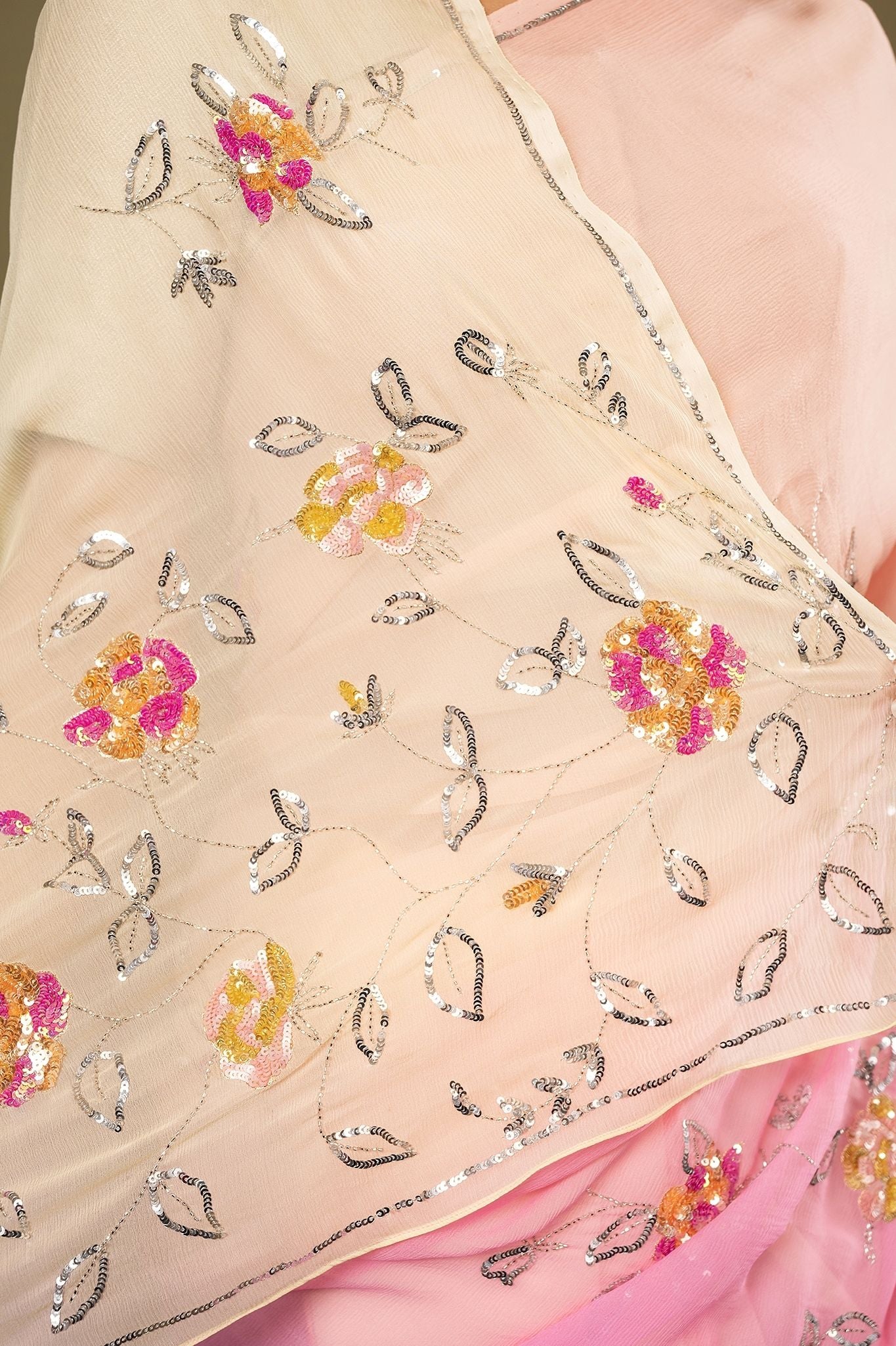 Pink Peach pure chiffon Sequins Butti handwork saree