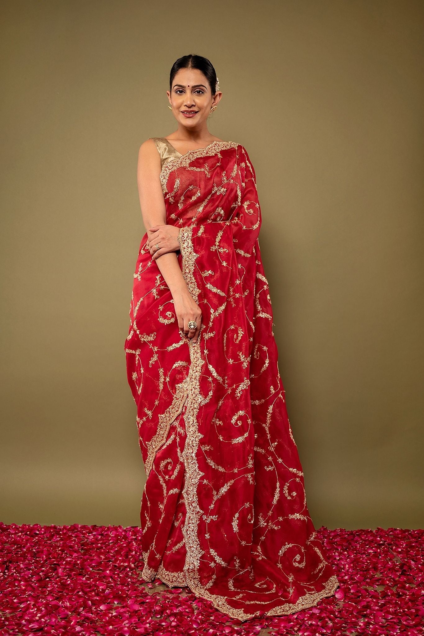 red pure organza Dapka Zardozi border butti jaal handwork saree