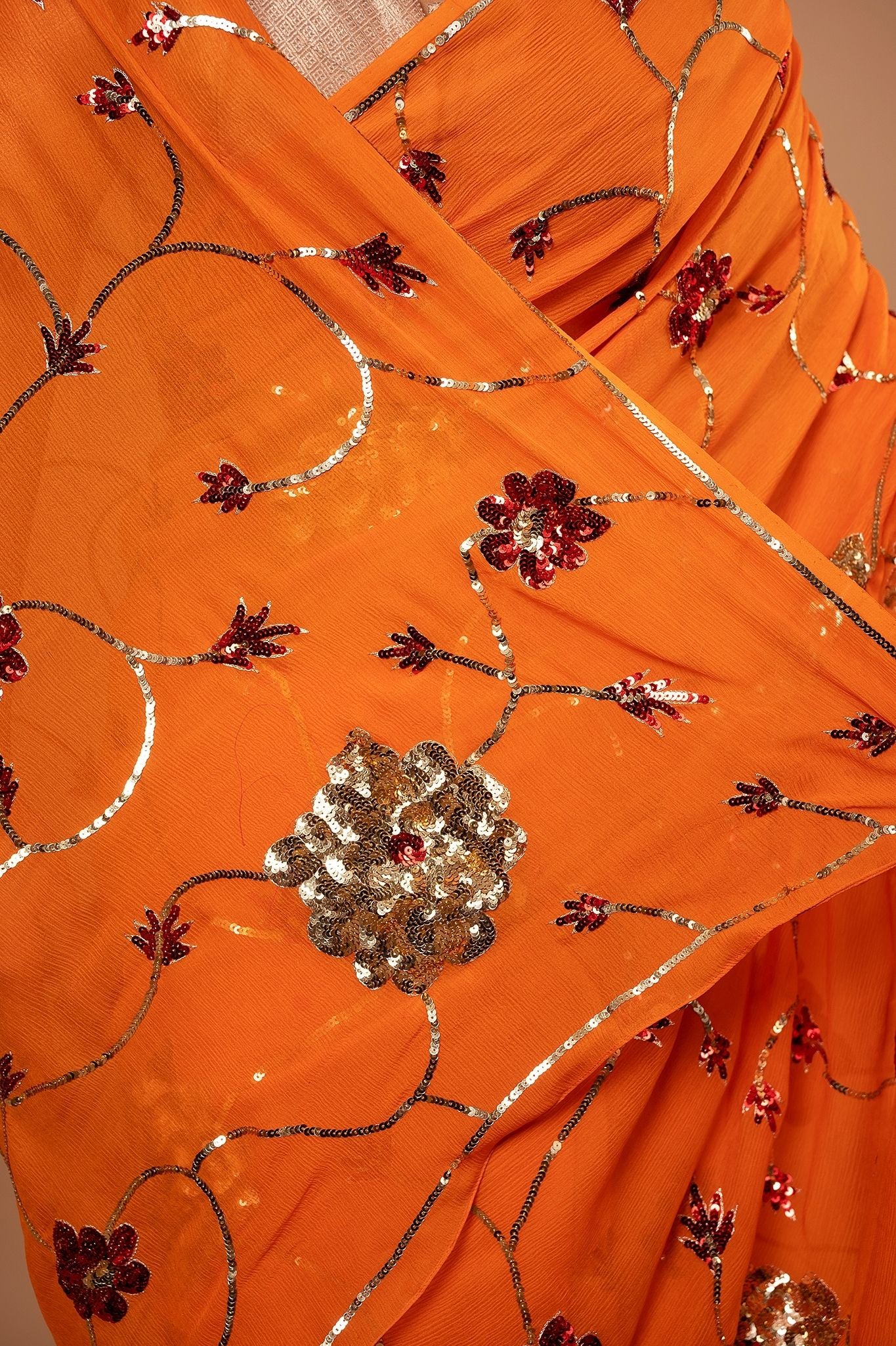 Orange pure chiffon sequins jaal handwork saree