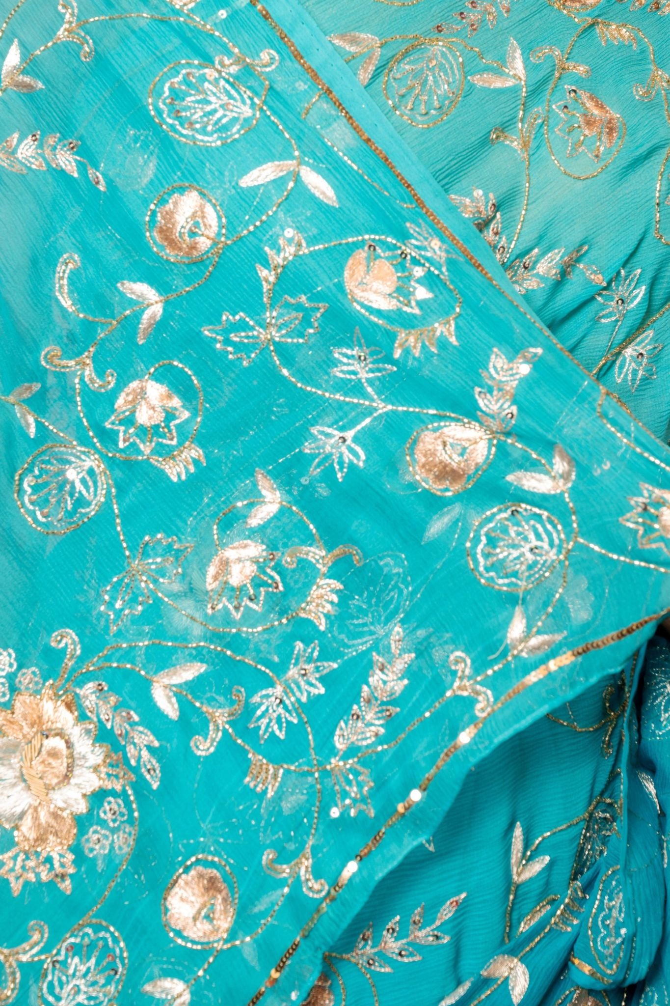 Firozi Light Dark pure chiffon aari sequins  jaal handwork saree