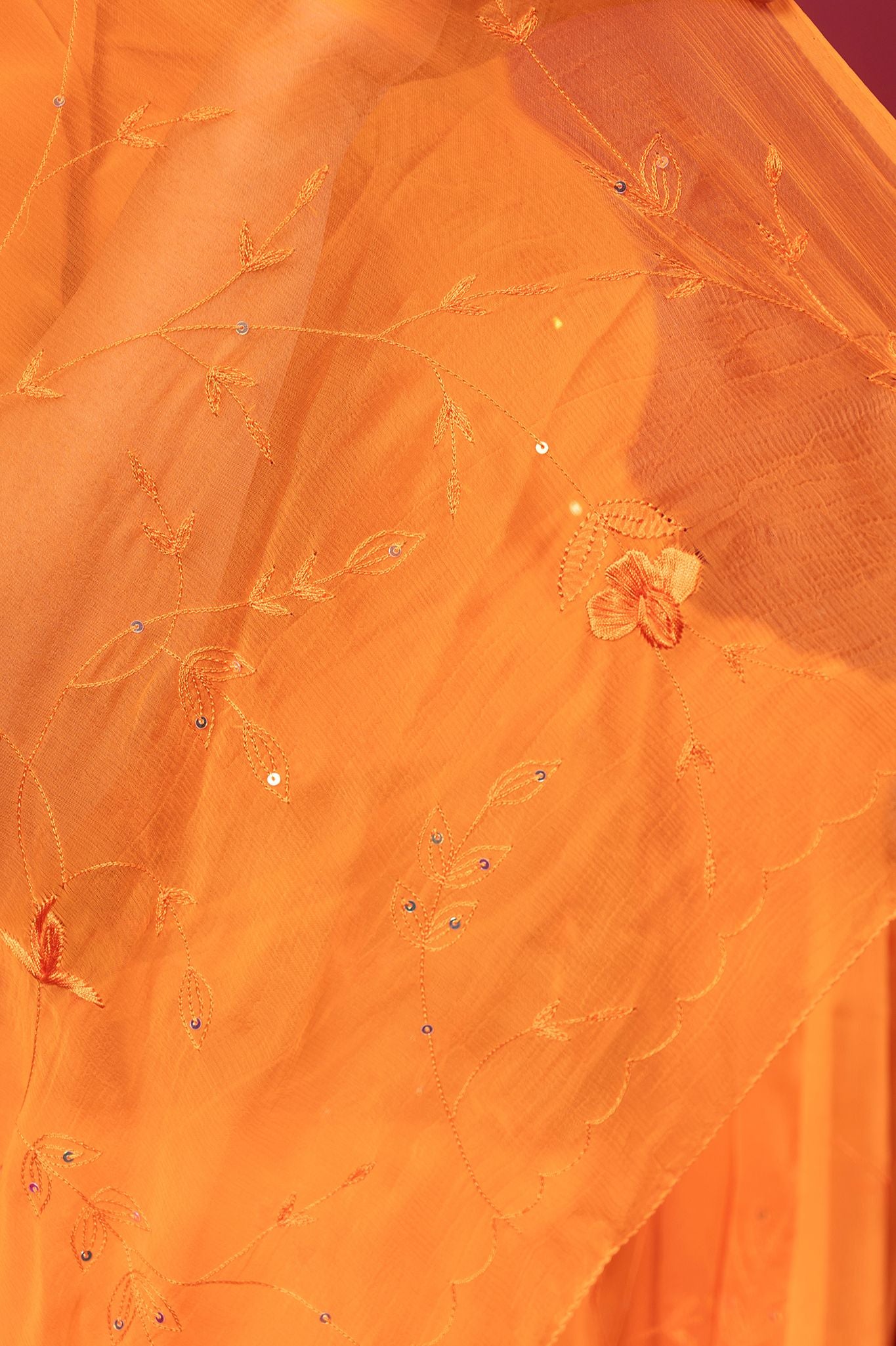 Orange viscose chiffon Resham Sequins jaal handwork casual wear saree