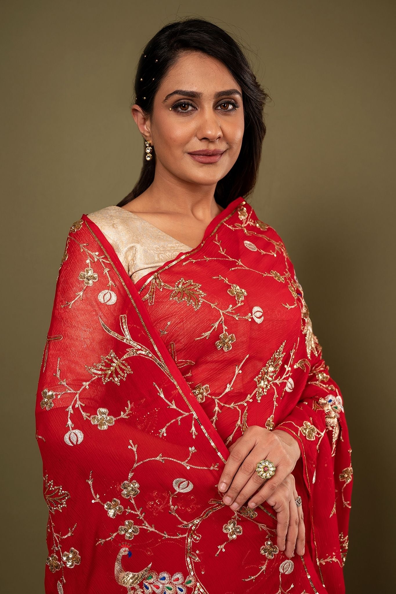 red pure chiffon aari sequins  jaal handwork saree