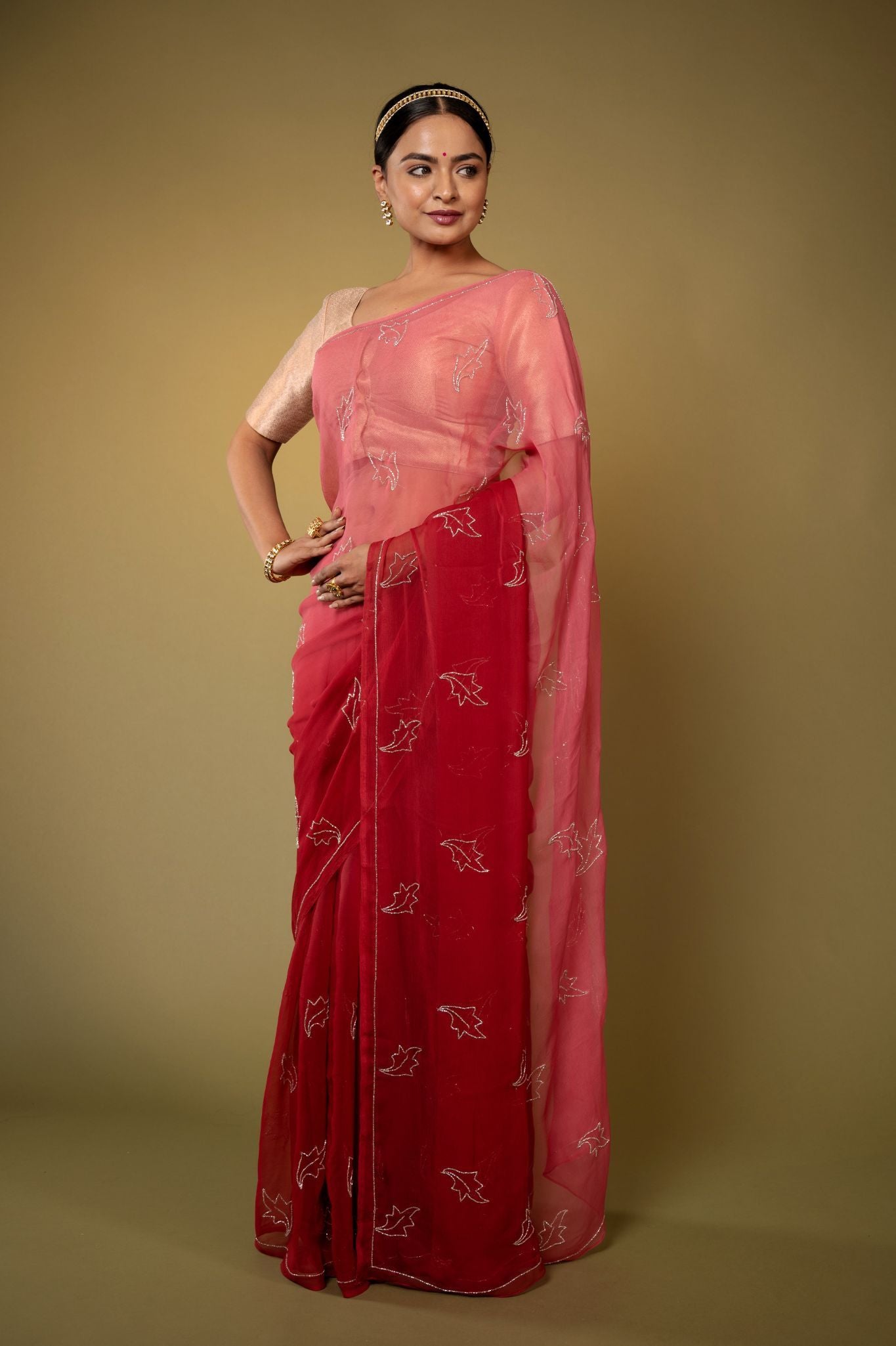 Burgundy red viscose chiffon kardana  handwork casual wear saree