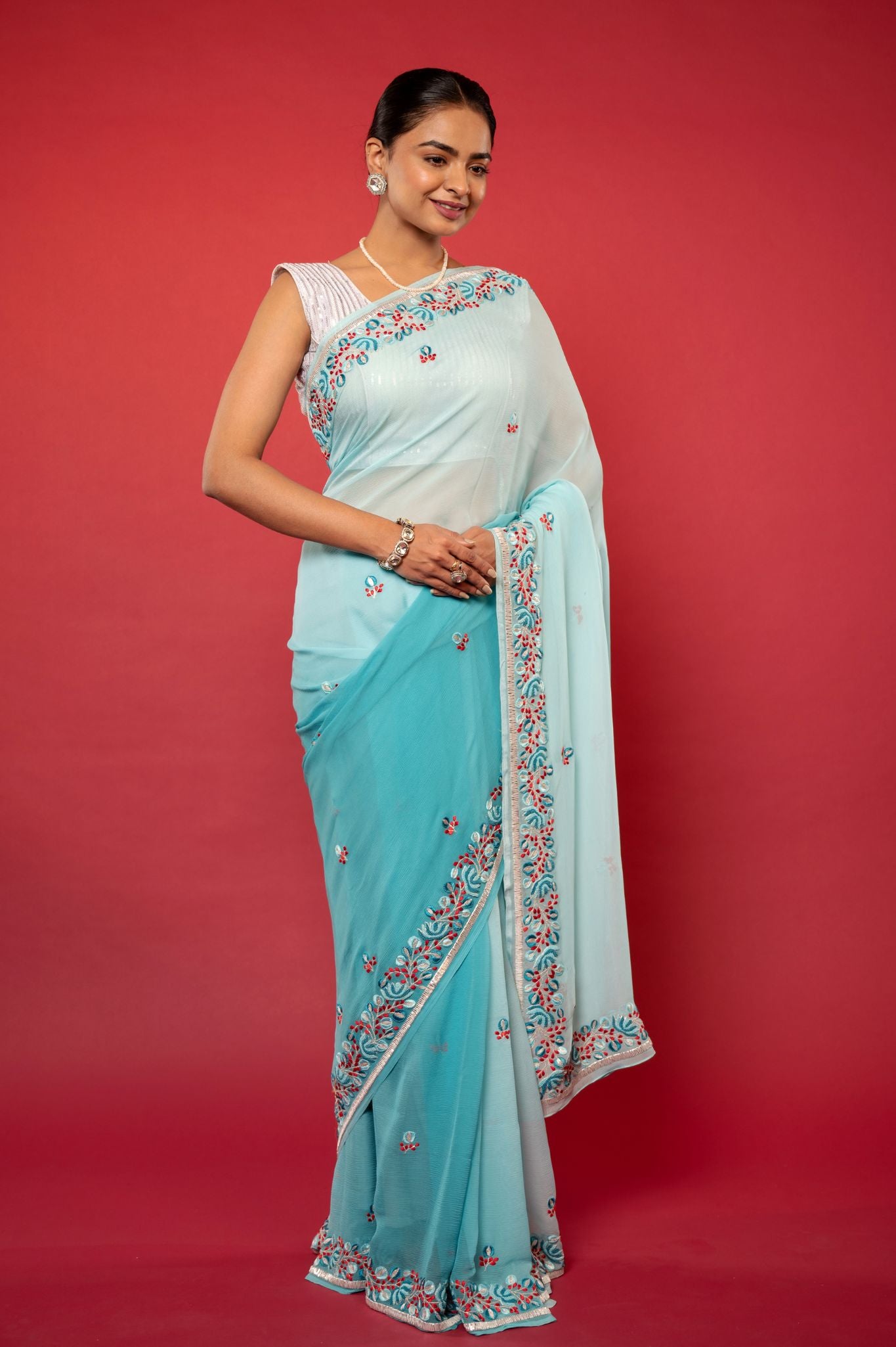 Sky blue light dark pure chiffon Resham Border butti handwork saree