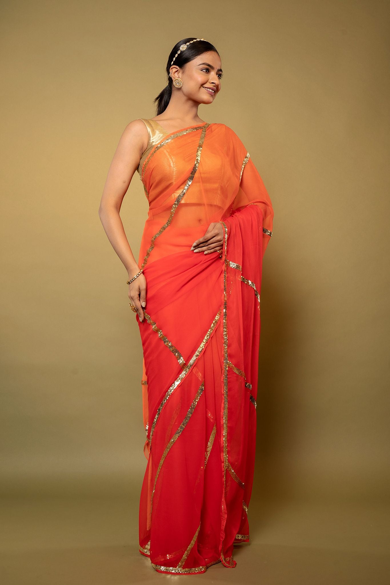Orange light dark Viscose Chiffon sequins   handwork party wear saree