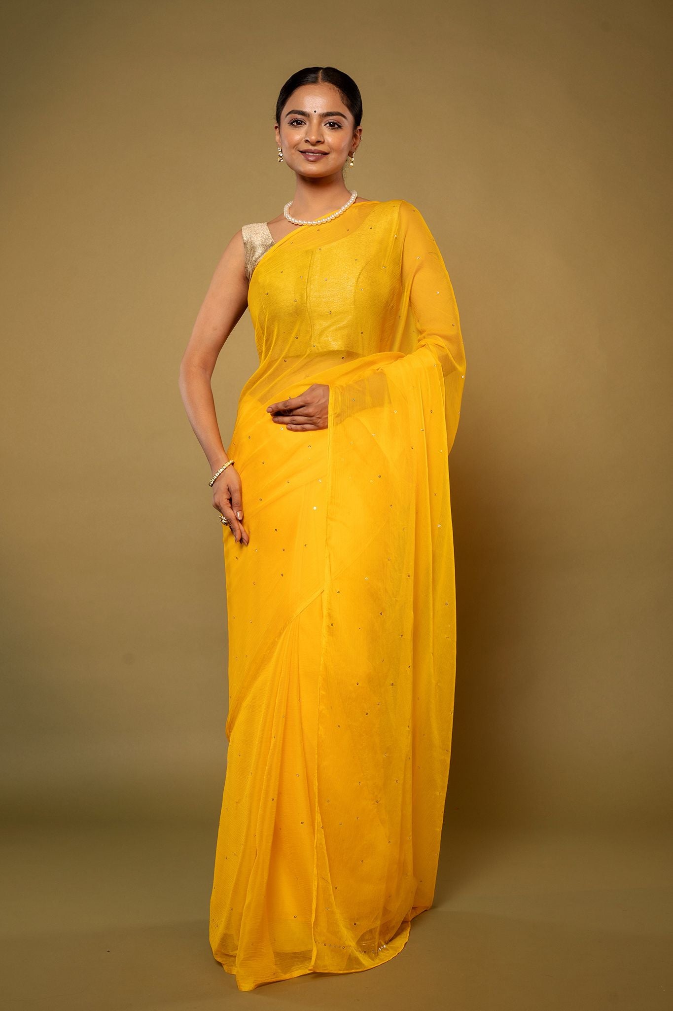 Yellow viscose chiffon Ringmukesh  handwork casual wear saree