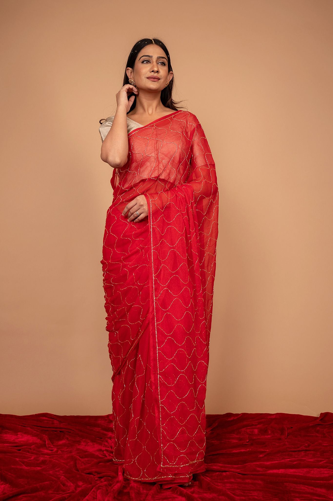 red Viscose Chiffon Kardana jaal  Handwork  Saree