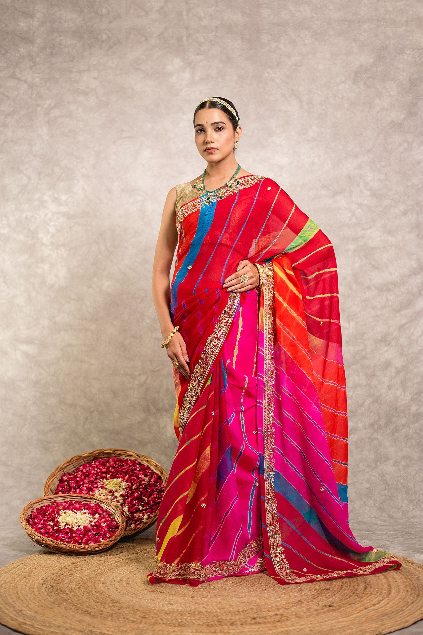 Multi lehariya  Pure Georgette 20 Gsm Gotta Pati border butti handwork traditional wear saree