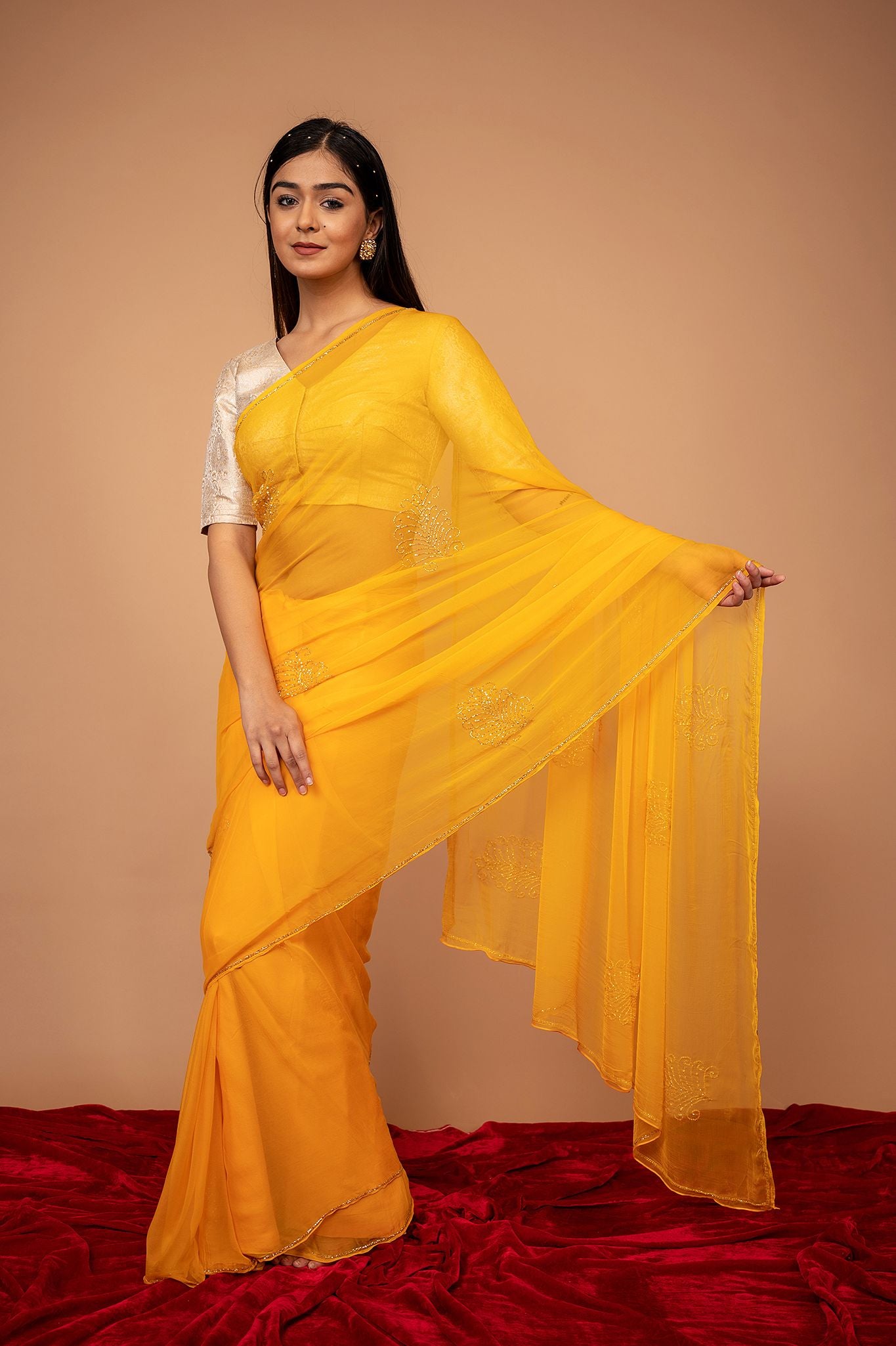 Yellow viscose chiffon kardana motif handwork casual wear saree