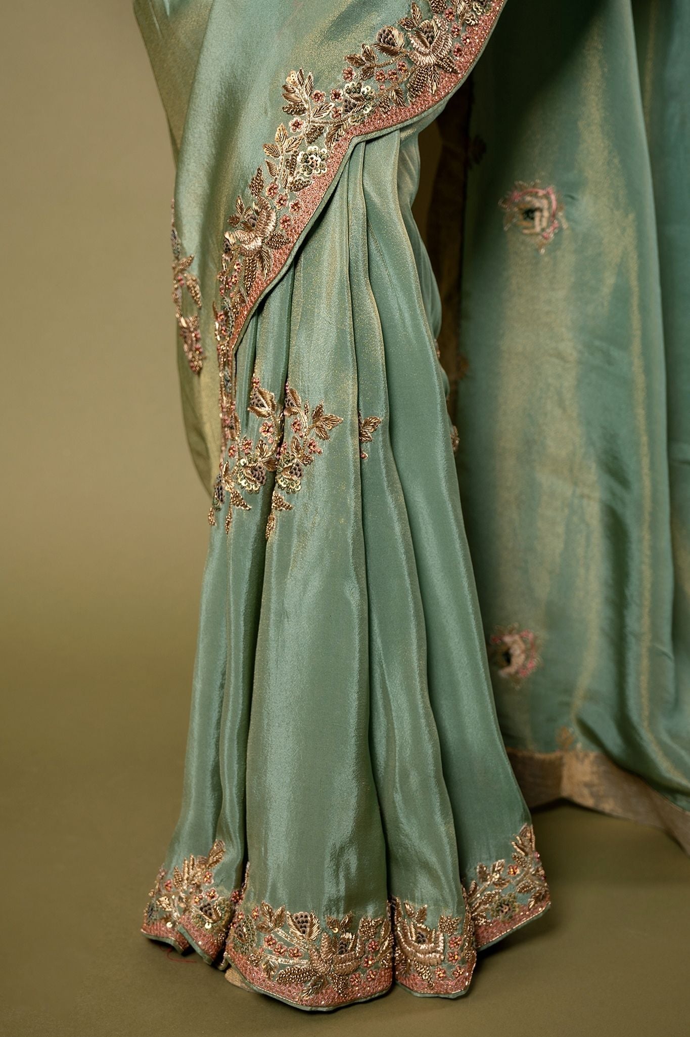 Green  pure tissue Resham Zardozi border butti handwork saree