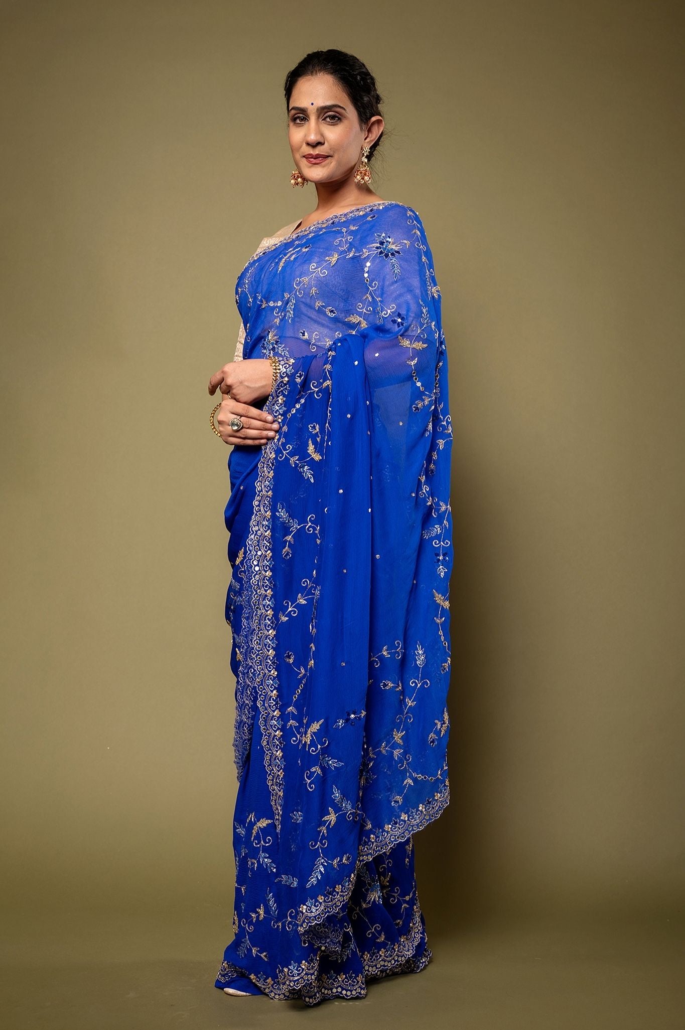Royal Blue Viscose Chiffon Aari sequins  border jaal handwork party wear Saree