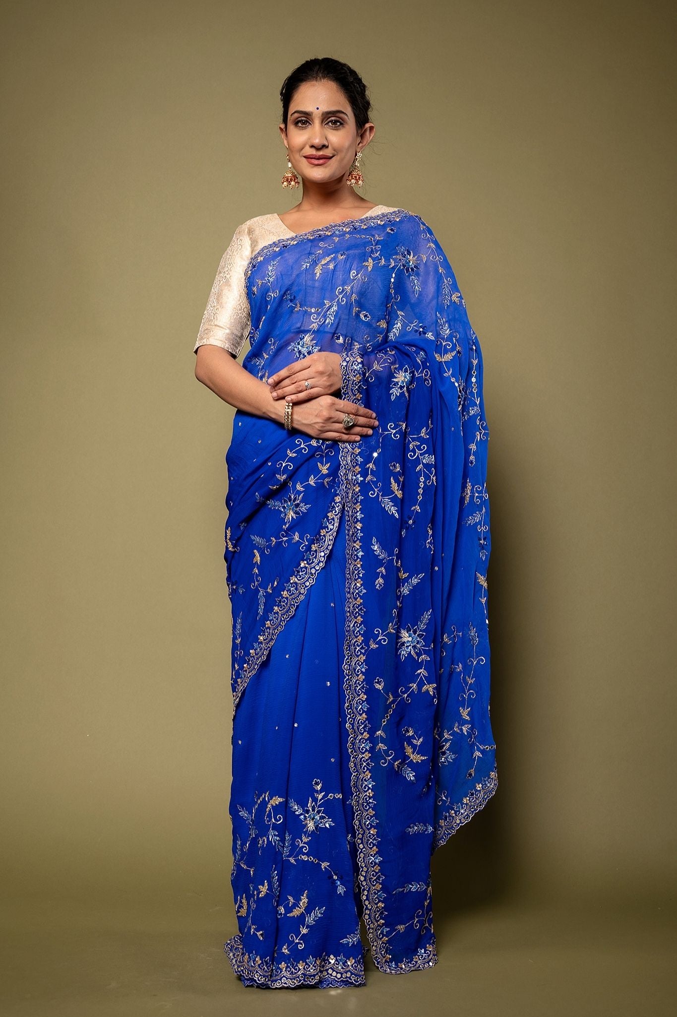 Royal Blue Viscose Chiffon Aari sequins  border jaal handwork party wear Saree