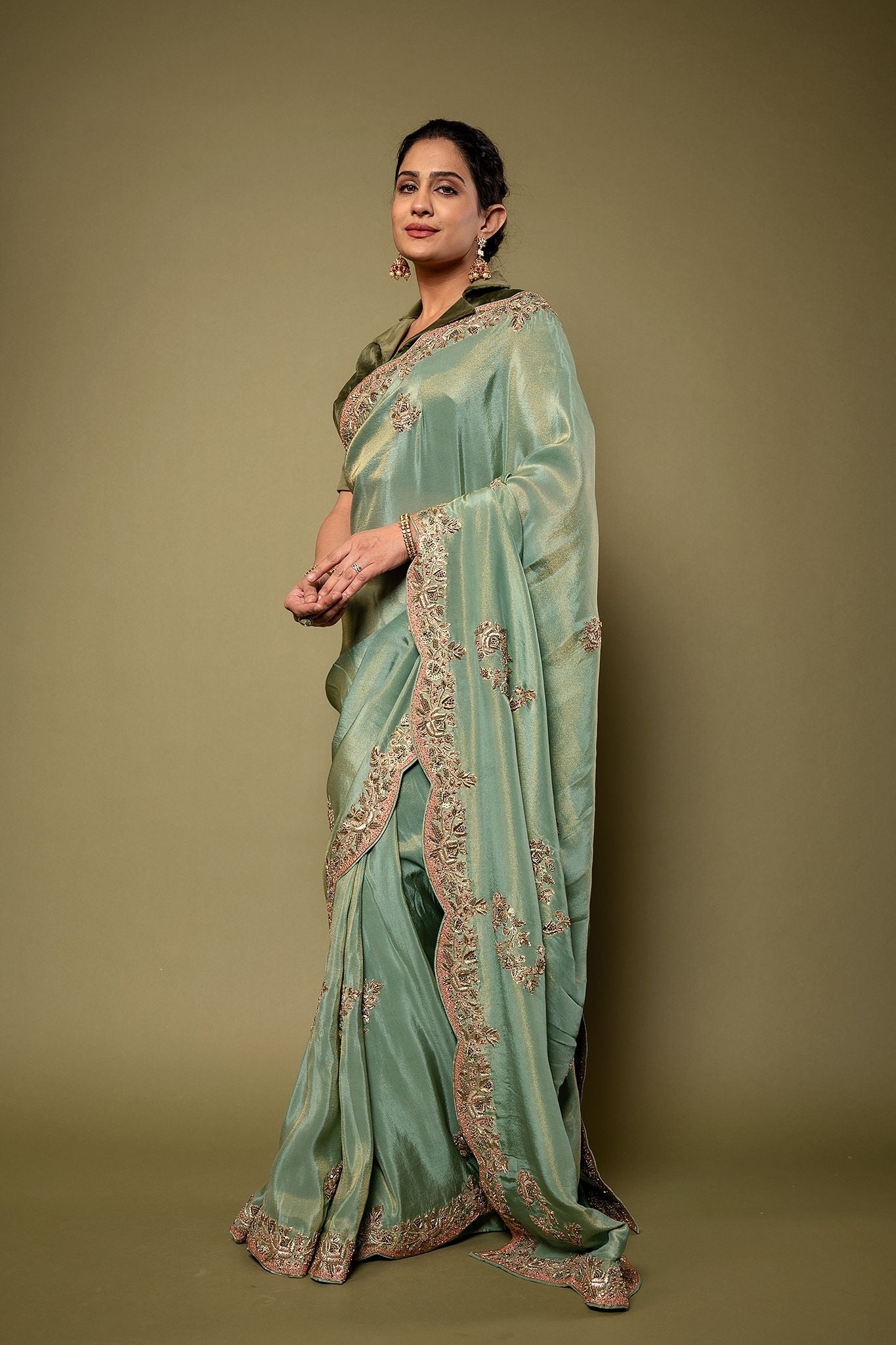 Green  pure tissue Resham Zardozi border butti handwork saree