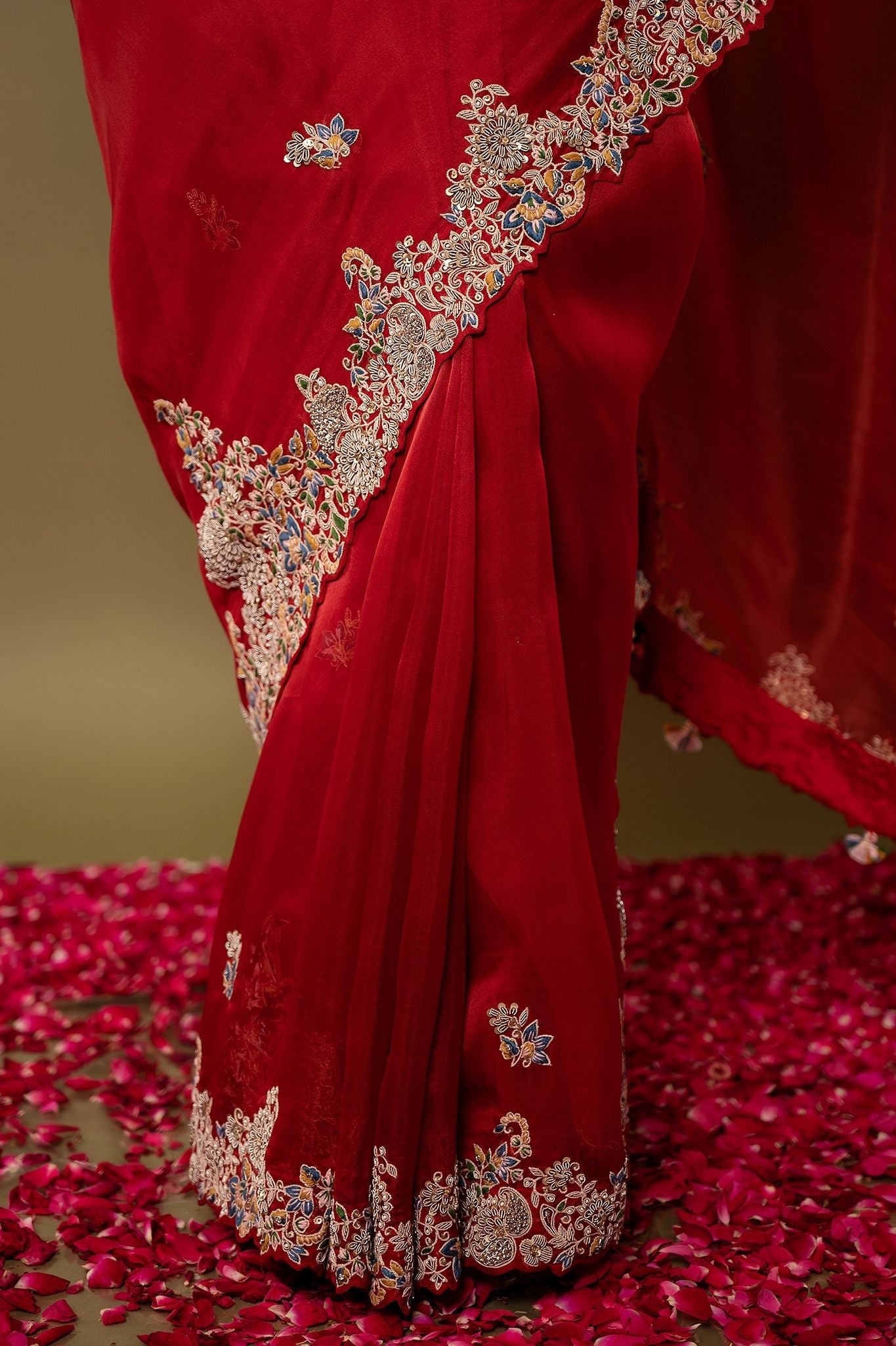 Red pure organza Dapka Marodi Zardozi Border Jaal handwork saree