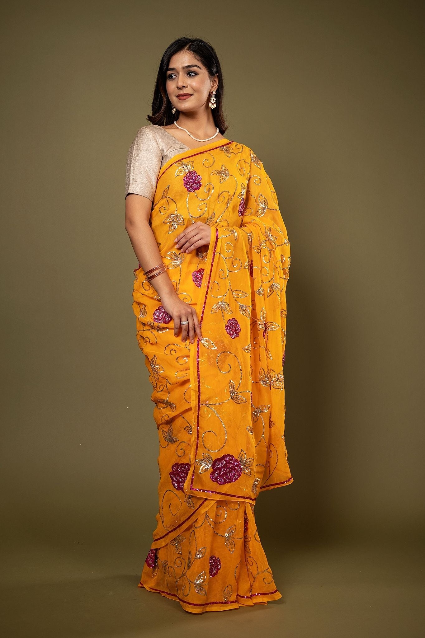 Mustard pure chiffon sequins jaal handwork saree