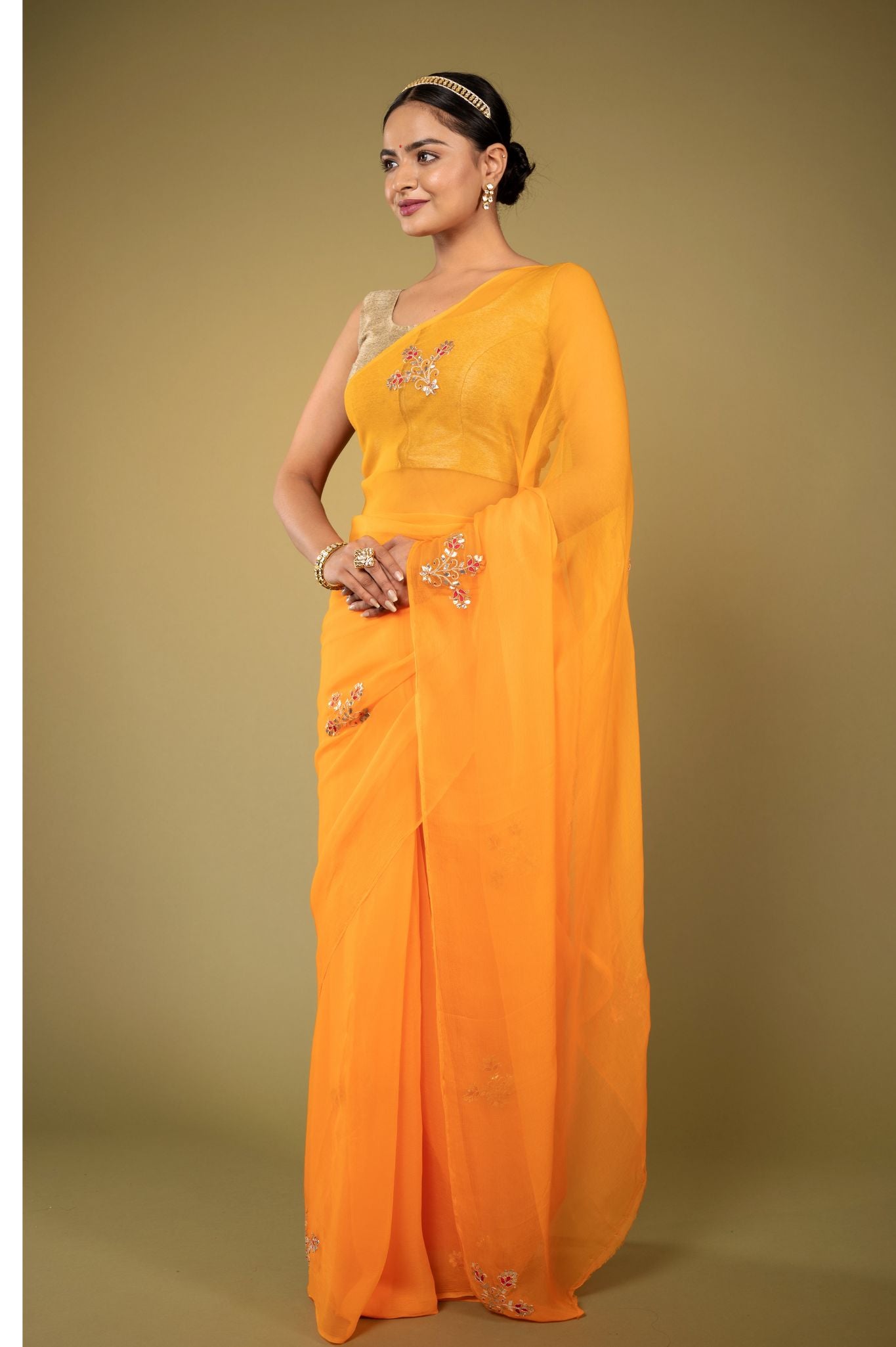 Pastel orange viscose chiffon aari resham gota pati motif handwork casual wear saree