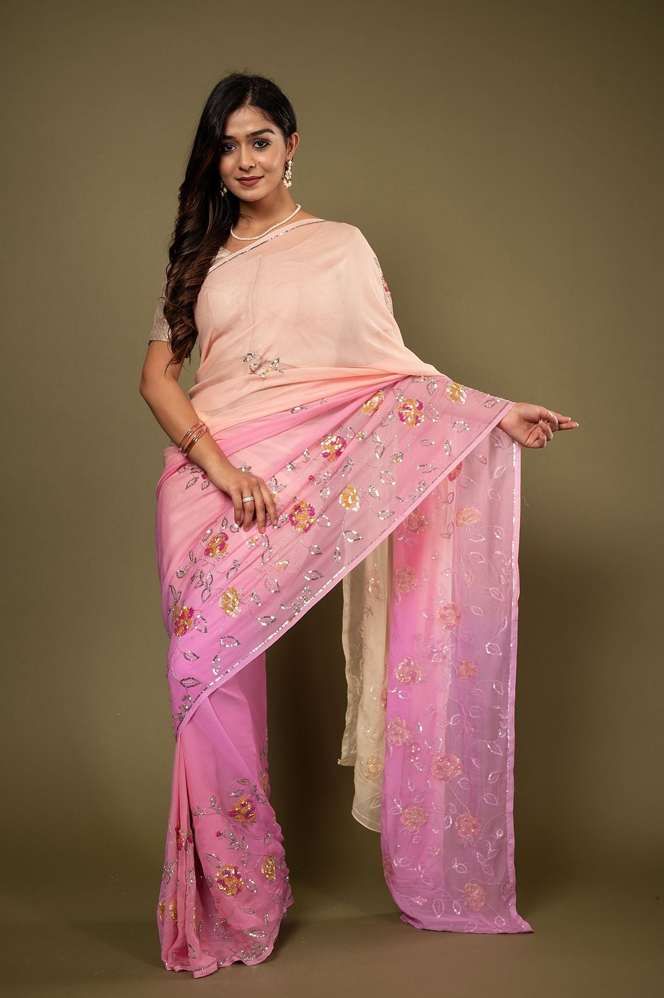 Pink Peach pure chiffon Sequins Butti handwork saree