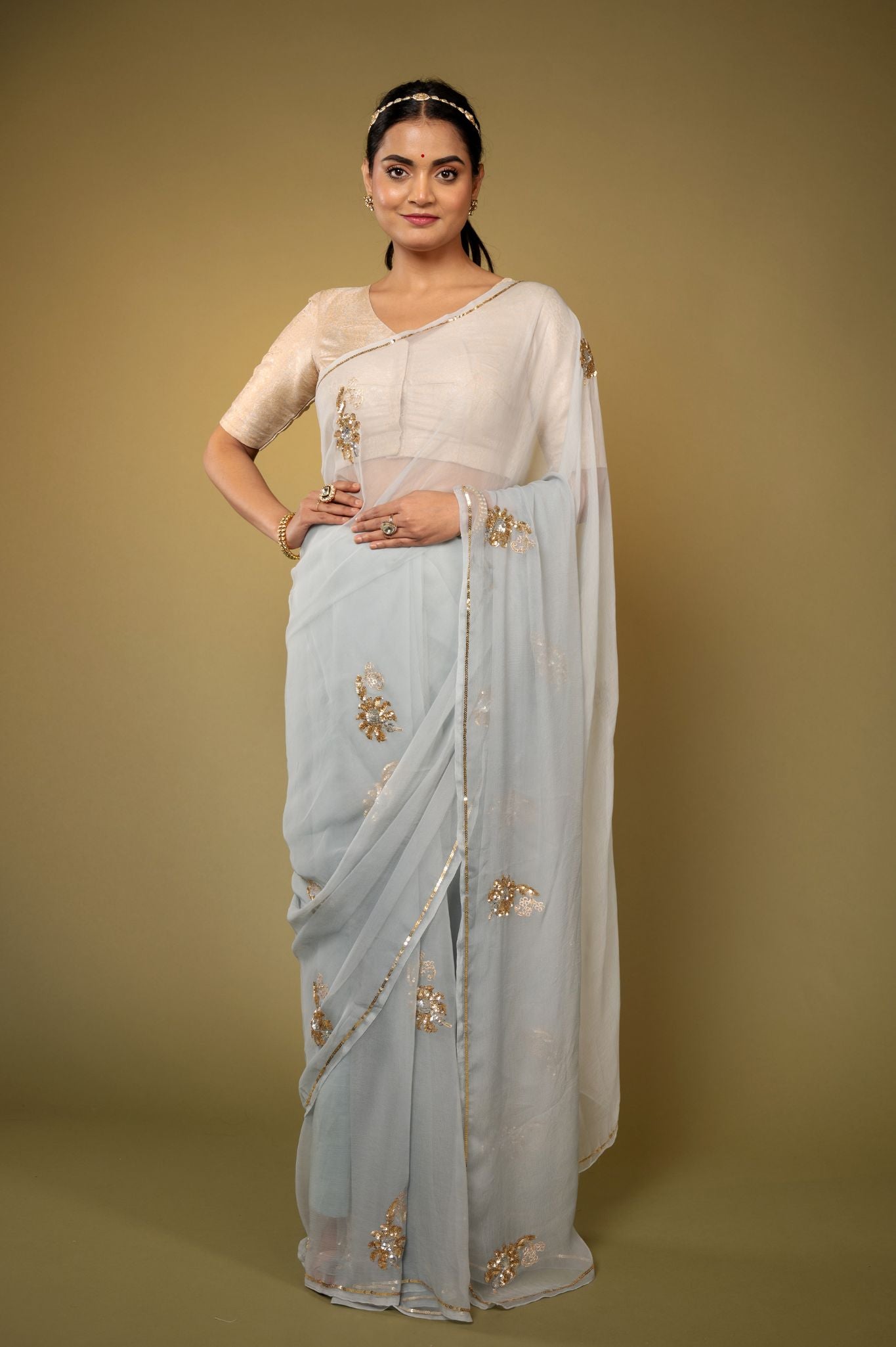Grey light dark viscose chiffon aari sequins  motif handwork casual wear saree