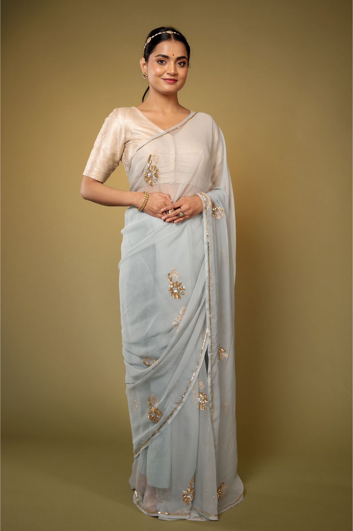 Grey light dark viscose chiffon aari sequins  motif handwork casual wear saree