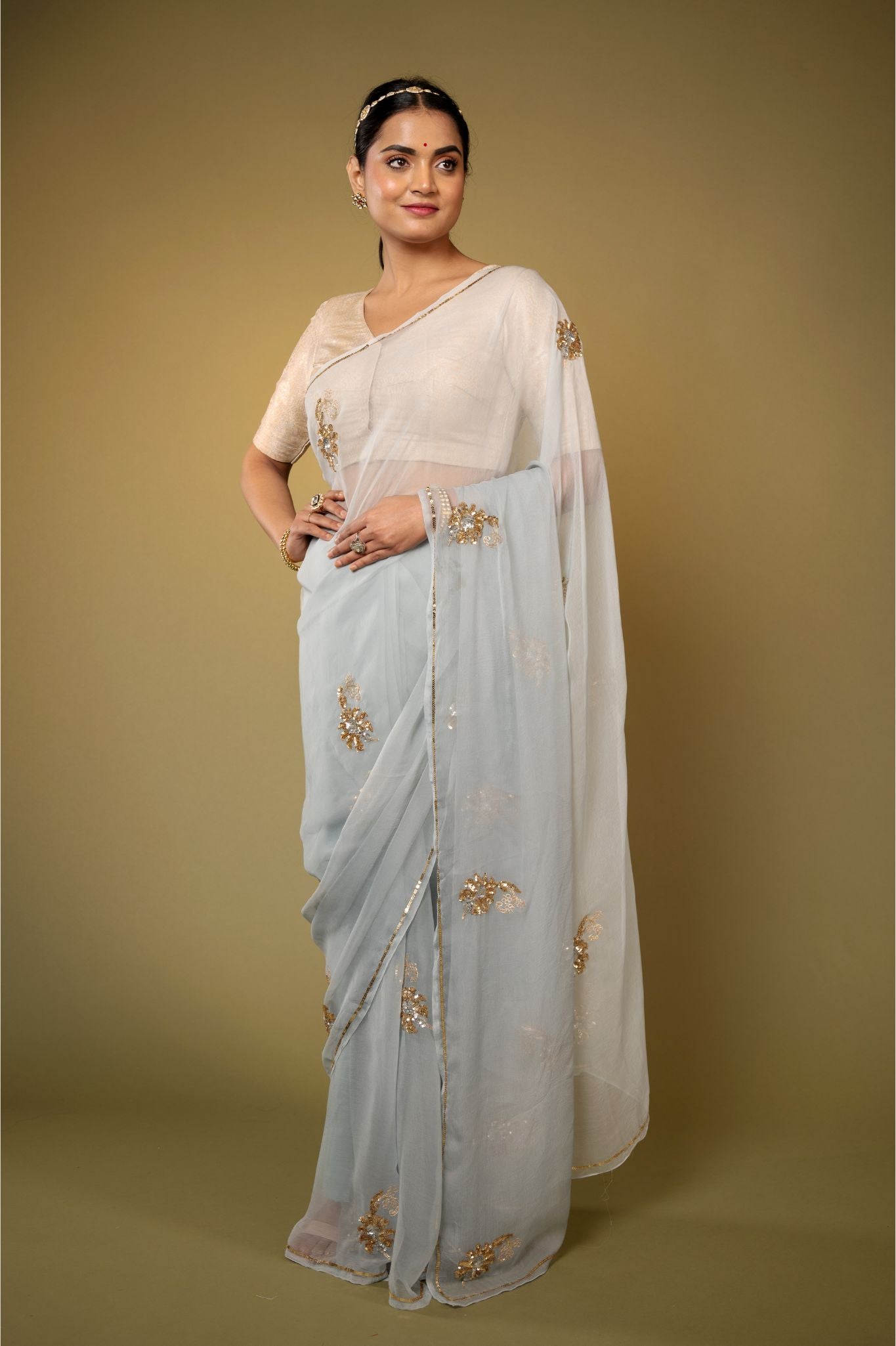 Grey light dark viscose chiffon aari sequins  motif handwork casual wear saree