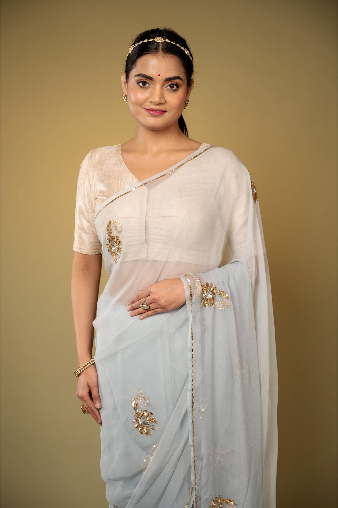 Grey light dark viscose chiffon aari sequins  motif handwork casual wear saree