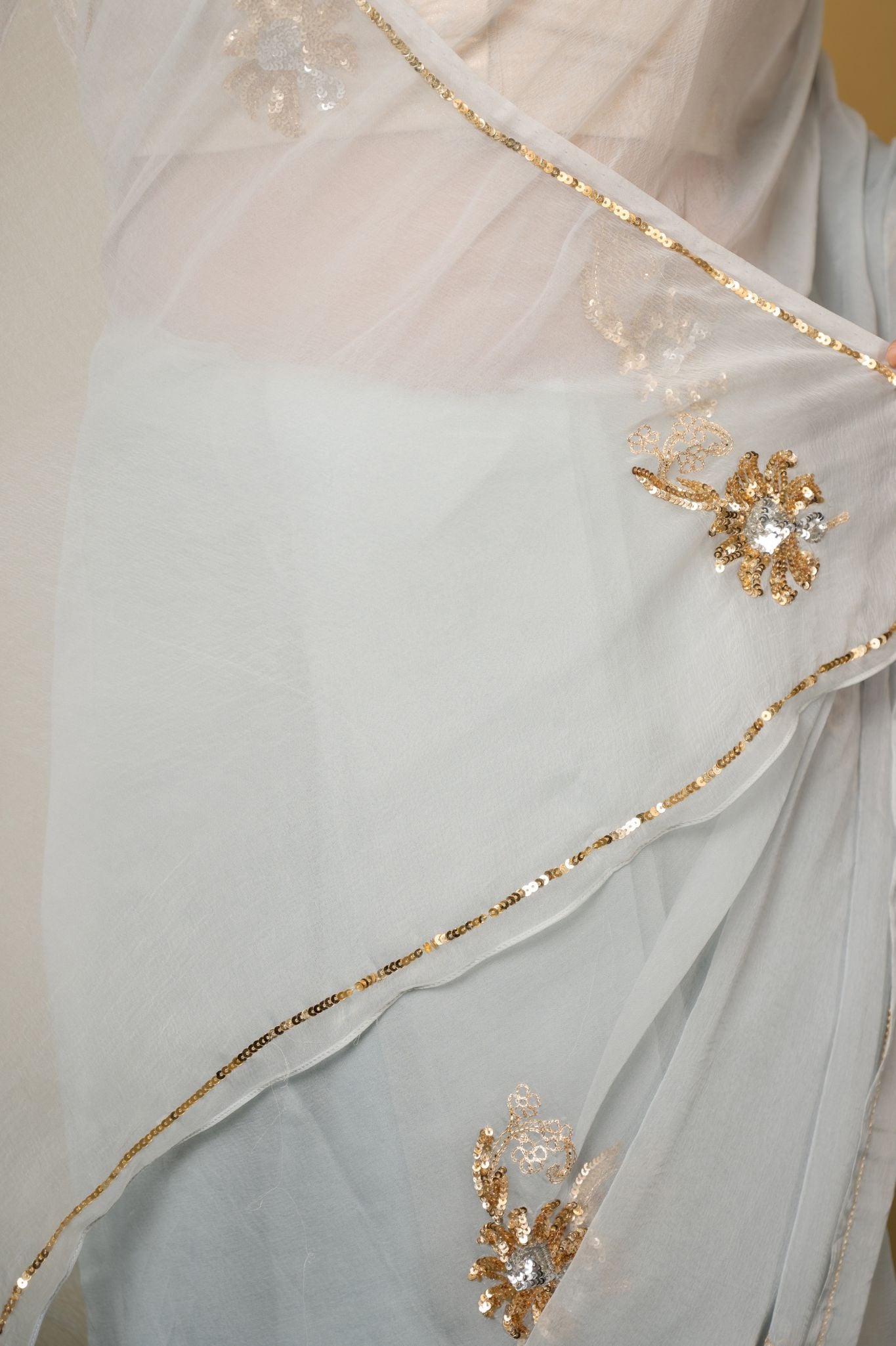 Grey light dark viscose chiffon aari sequins  motif handwork casual wear saree