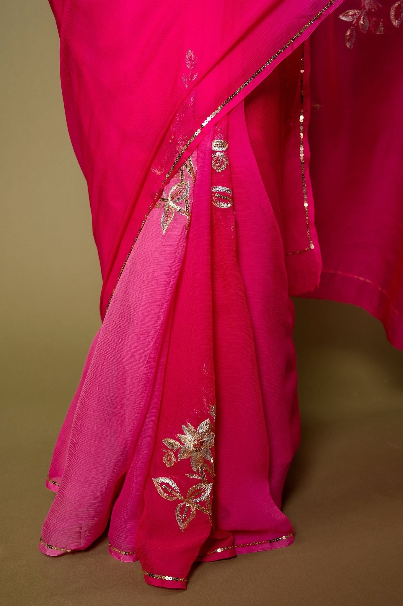 Pink Pure Chiffon Aari sequins  Motif handwork Saree
