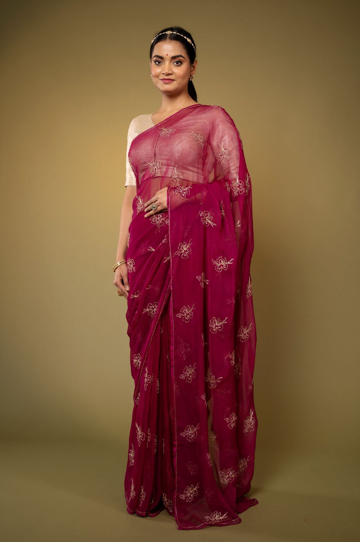 wine viscose chiffon kardana motif handwork casual wear saree