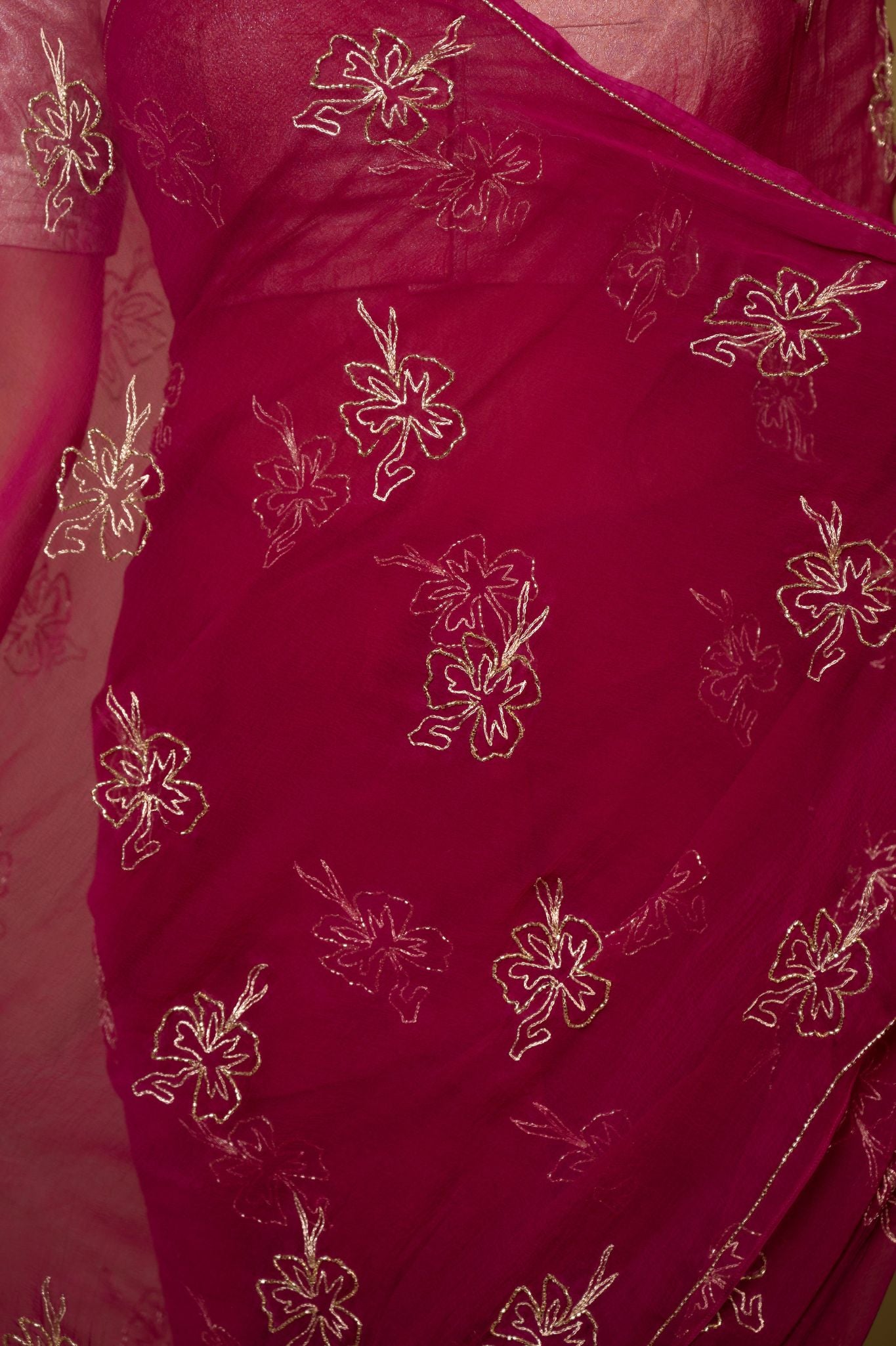 wine viscose chiffon kardana motif handwork casual wear saree