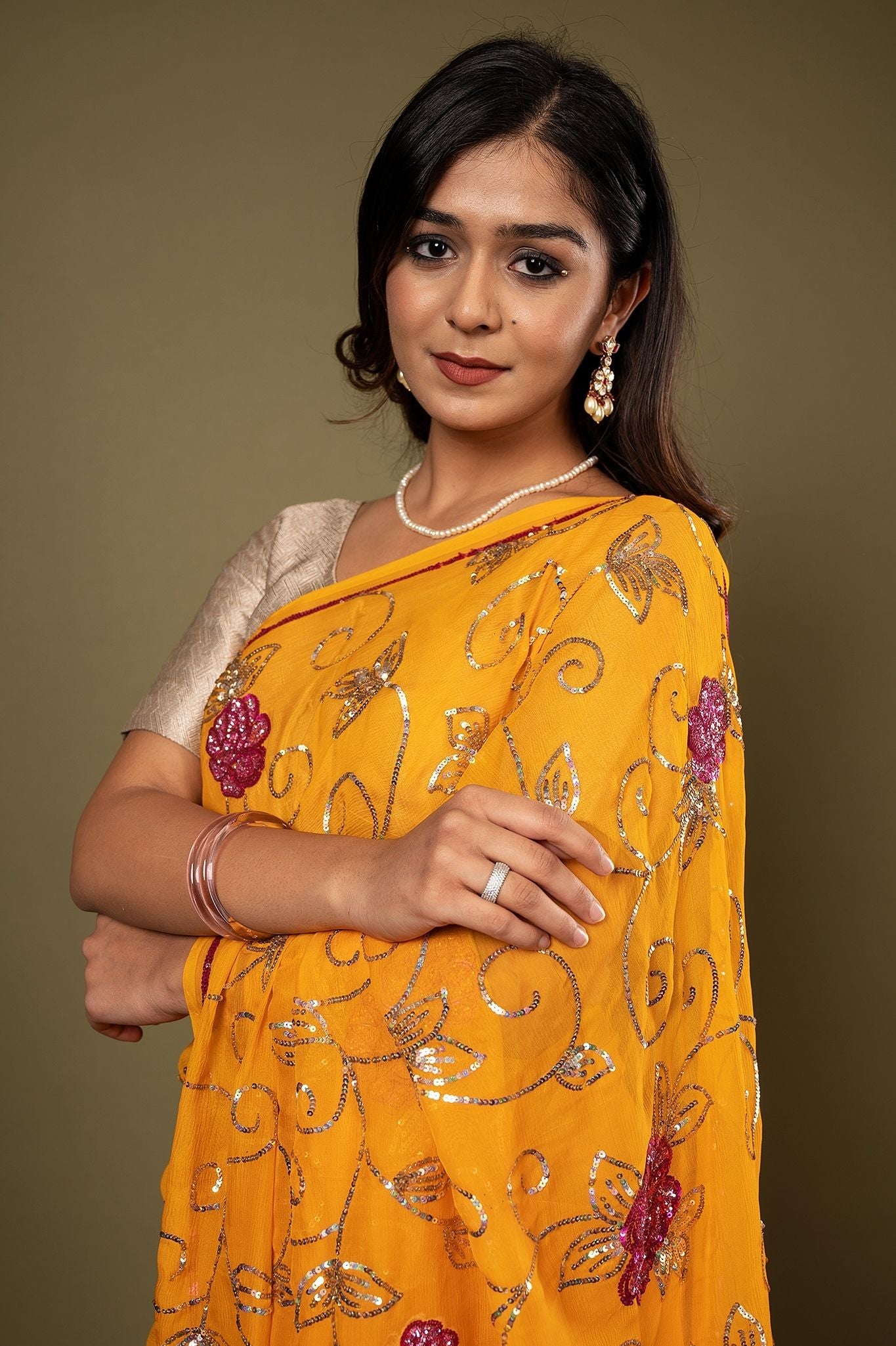 Mustard pure chiffon sequins jaal handwork saree