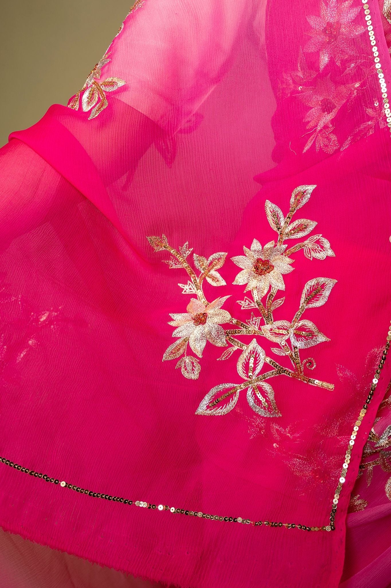 Pink Pure Chiffon Aari sequins  Motif handwork Saree