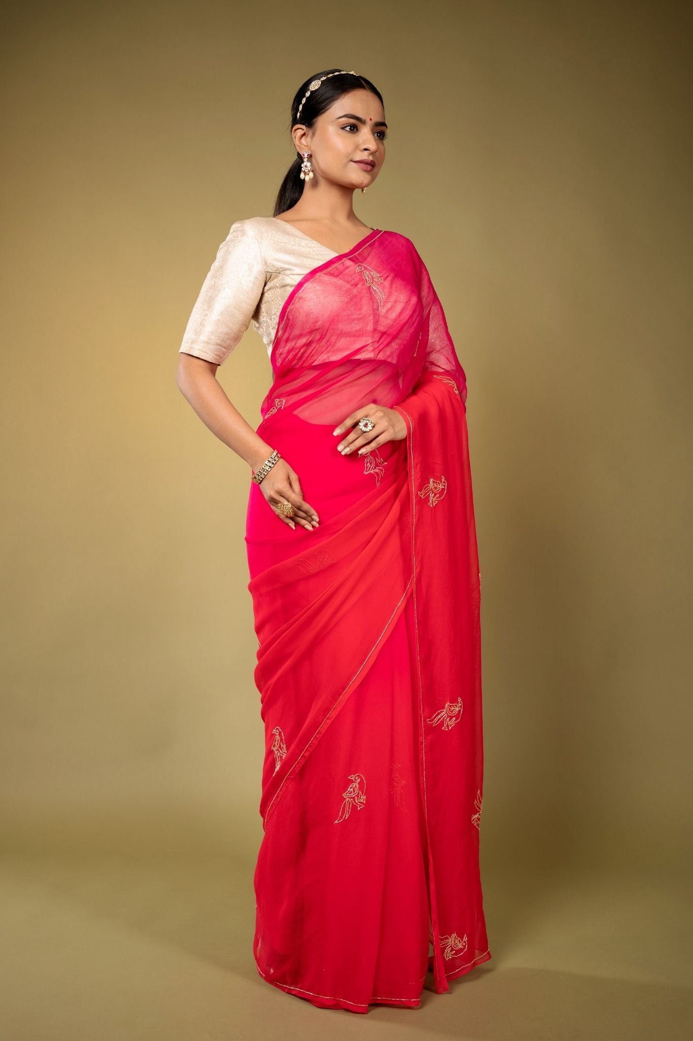 Fussia Pink viscose chiffon kardana motif handwork casual wear saree