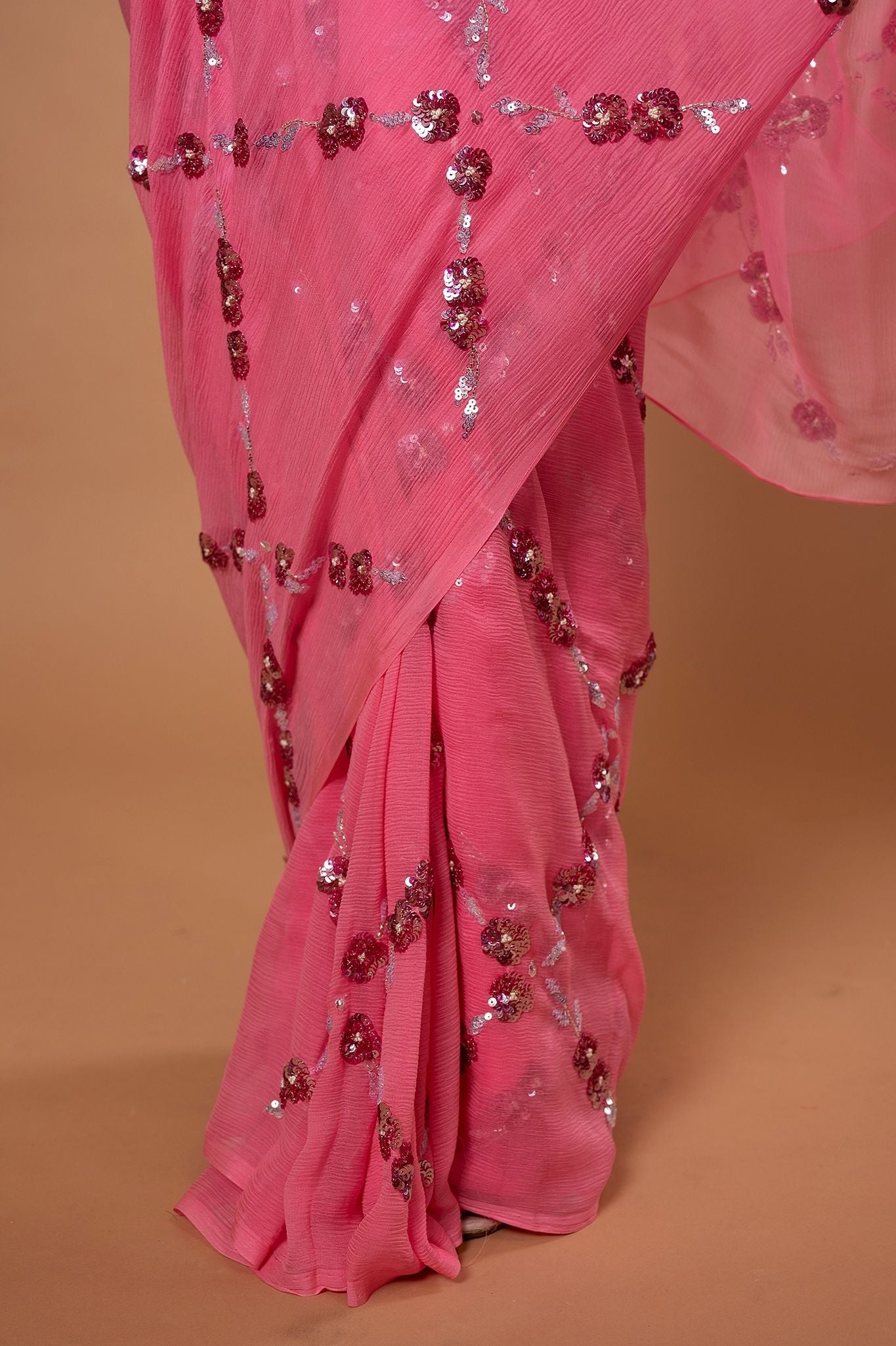 Pink light dark pure chiffon sequins  jaal handwork saree