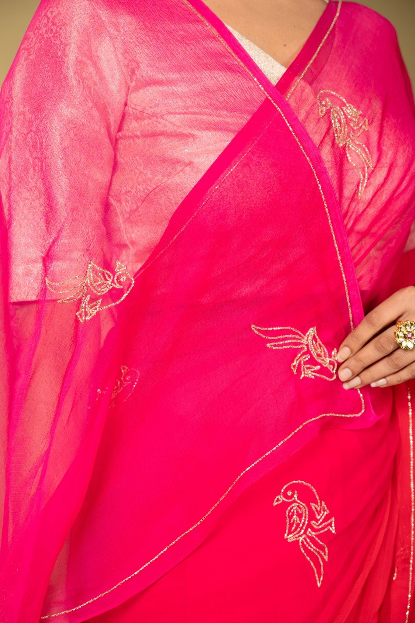 Fussia Pink viscose chiffon kardana motif handwork casual wear saree