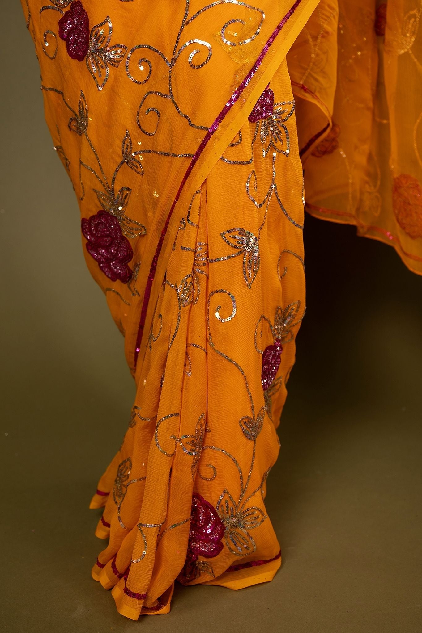 Mustard pure chiffon sequins jaal handwork saree