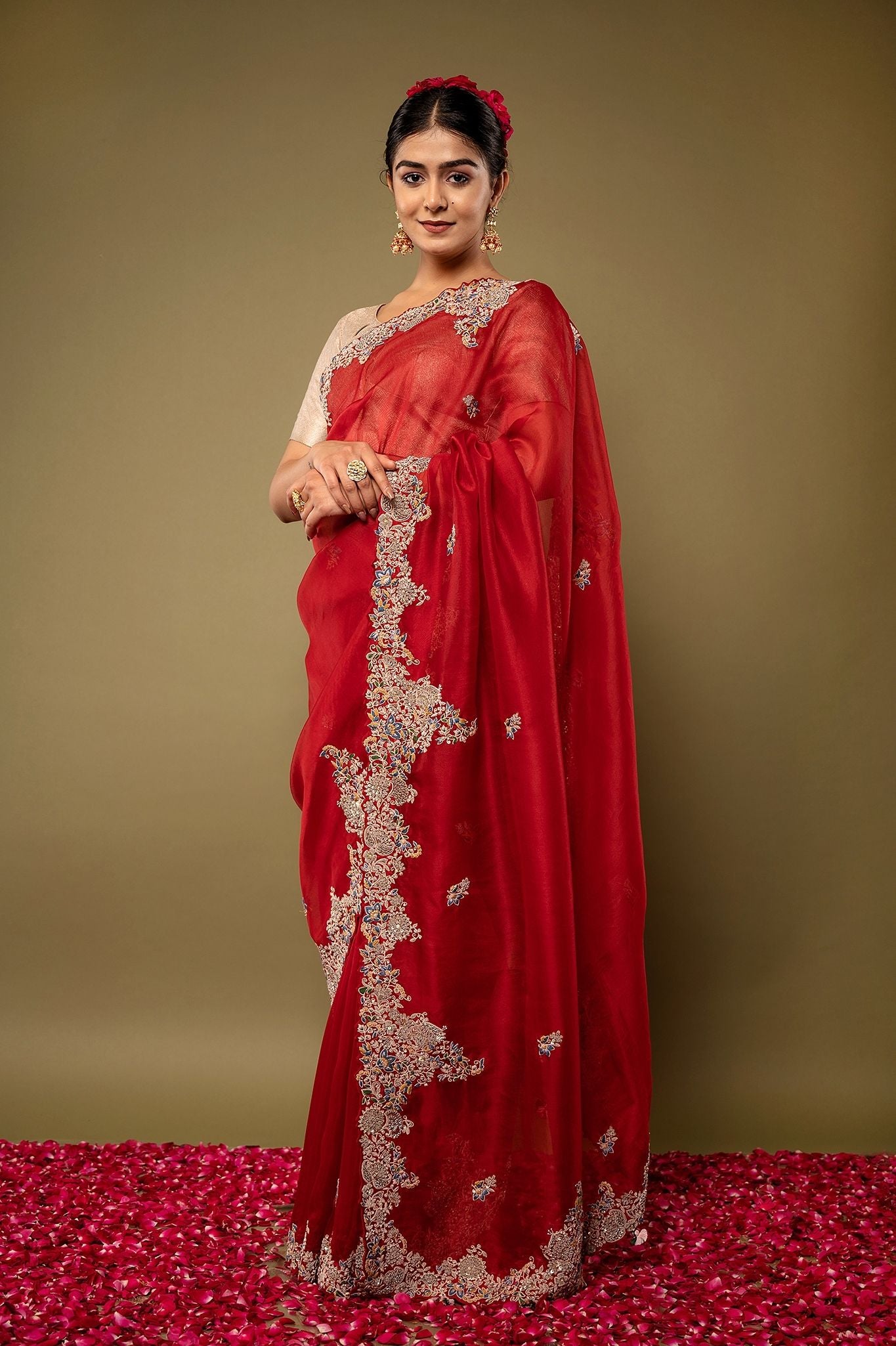 Red pure organza Dapka Marodi Zardozi Border Jaal handwork saree
