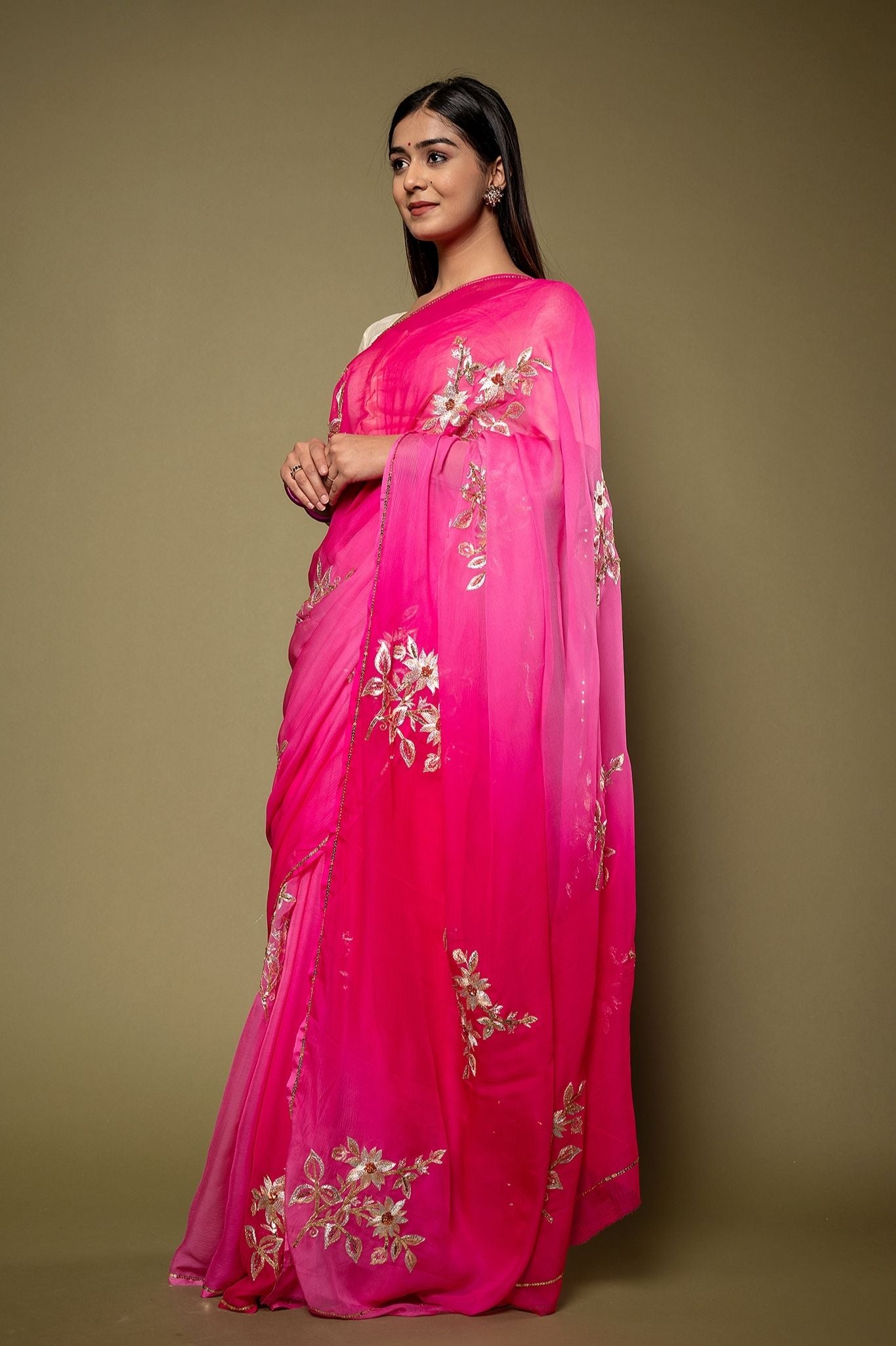 Pink Pure Chiffon Aari sequins  Motif handwork Saree
