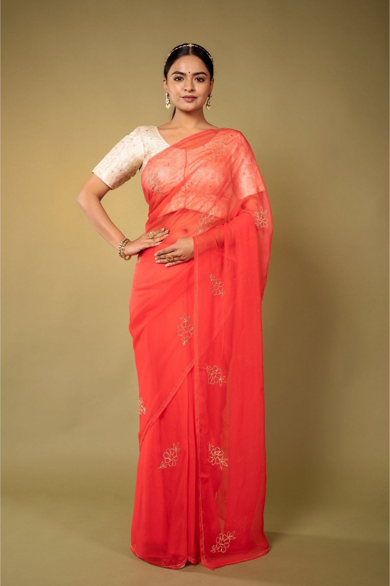 gajri viscose chiffon kardana motif handwork casual wear saree