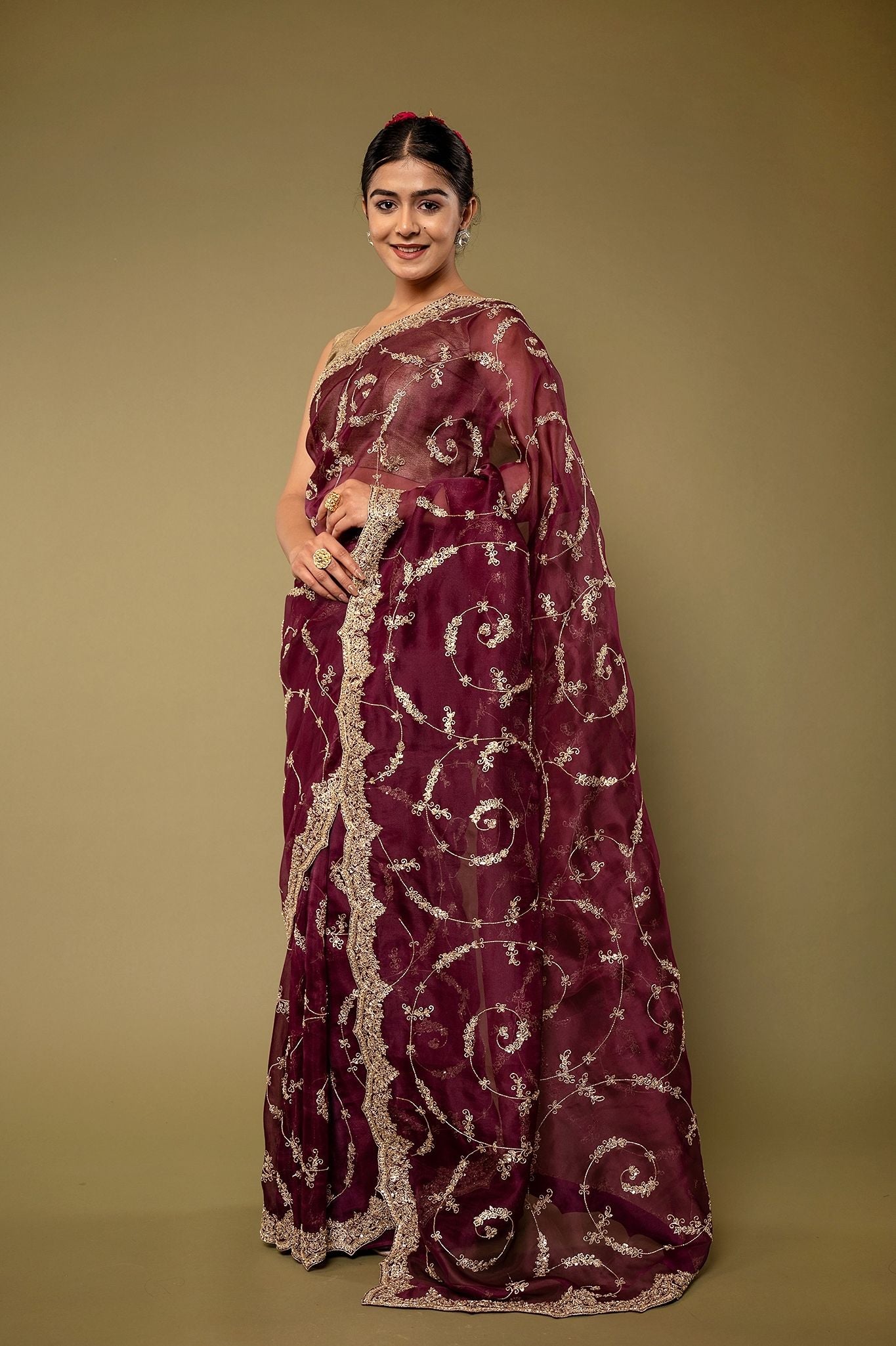 Wine pure organza Dapka Marodi Zardozi Border Jaal handwork saree