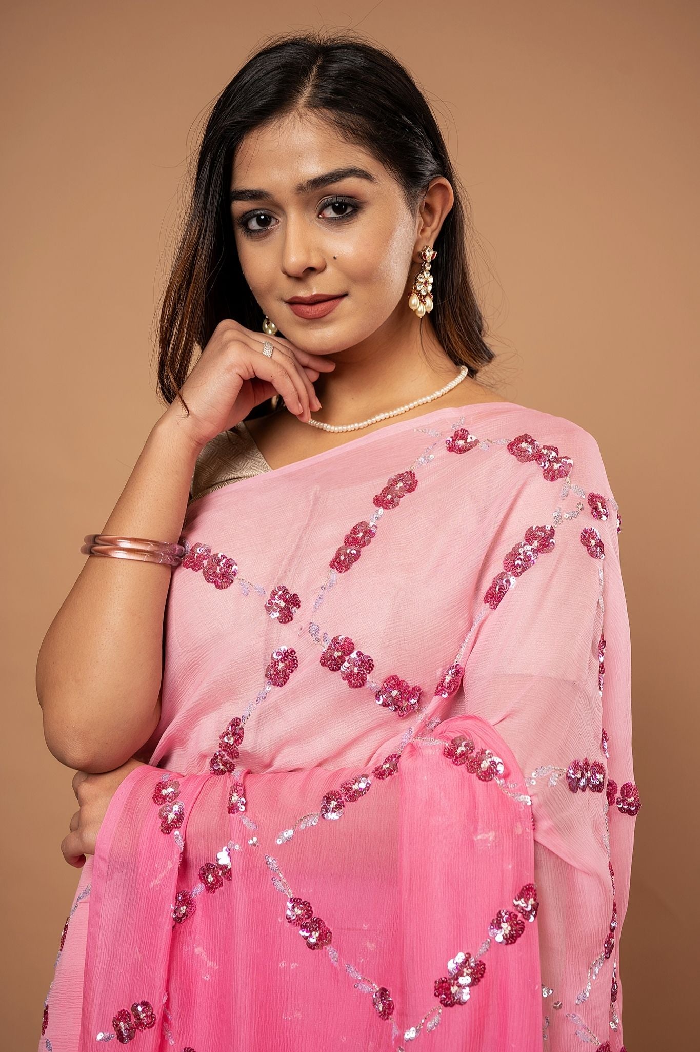 Pink light dark pure chiffon sequins  jaal handwork saree