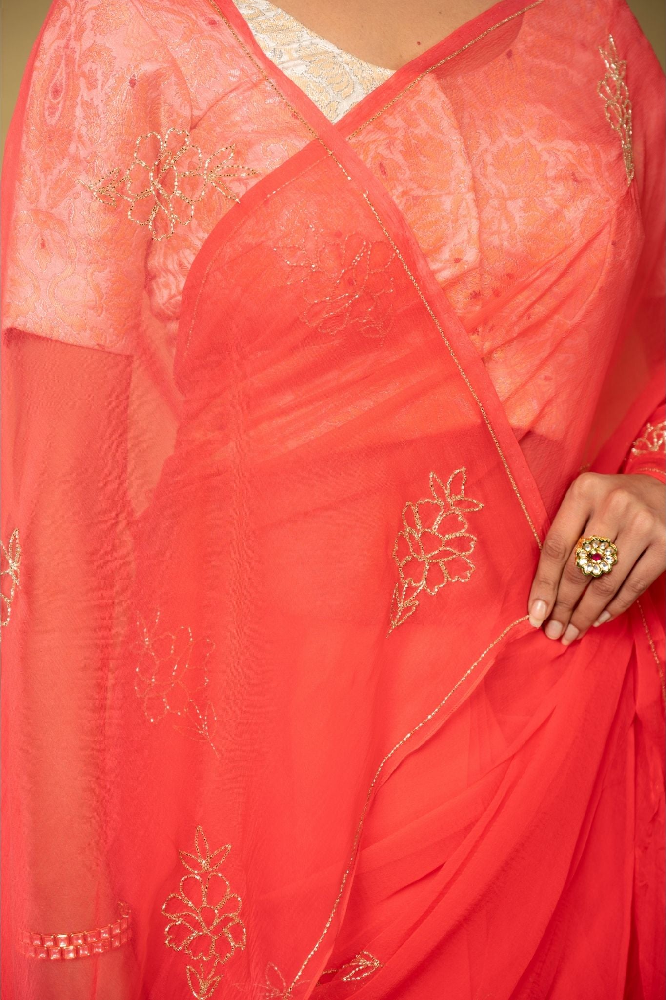 gajri viscose chiffon kardana motif handwork casual wear saree