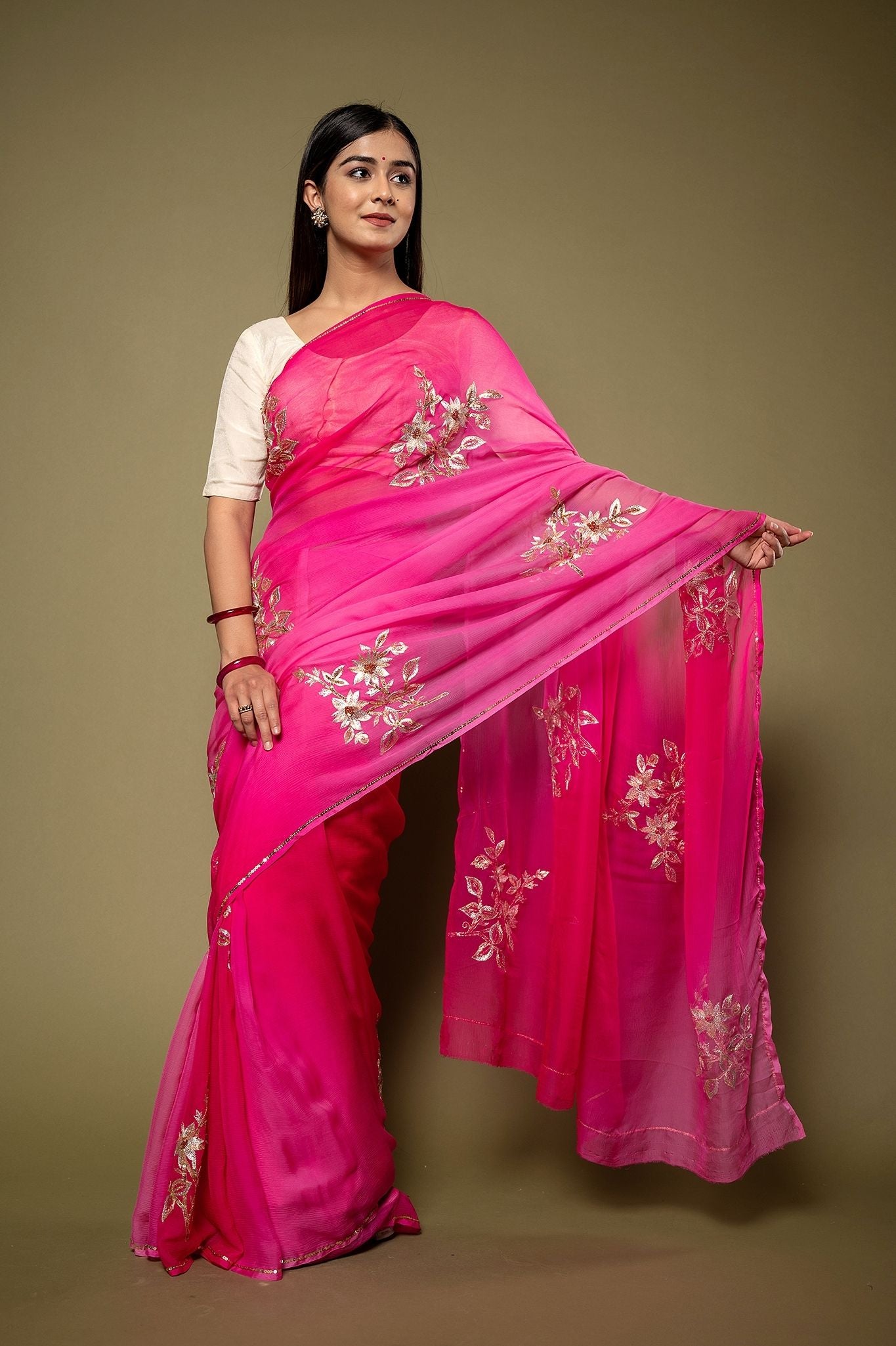 Pink Pure Chiffon Aari sequins  Motif handwork Saree