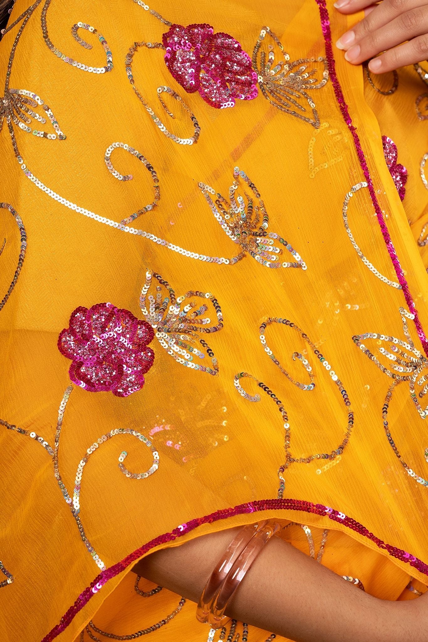 Mustard pure chiffon sequins jaal handwork saree