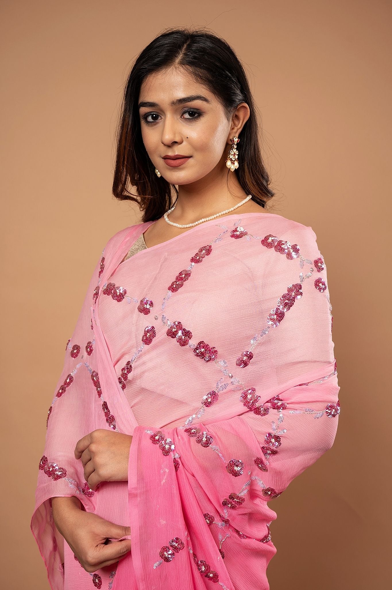 Pink light dark pure chiffon sequins  jaal handwork saree