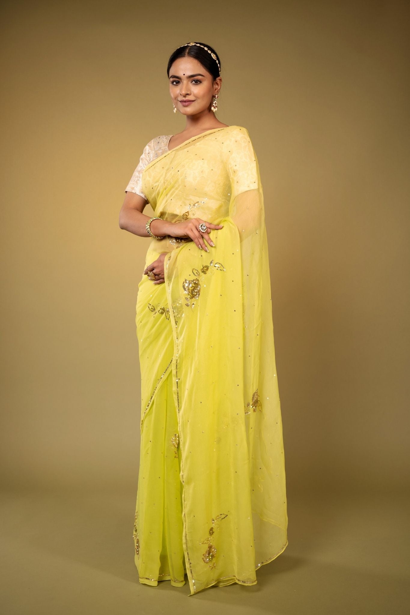 lemon viscose chiffon aari sequins  motif handwork casual wear saree