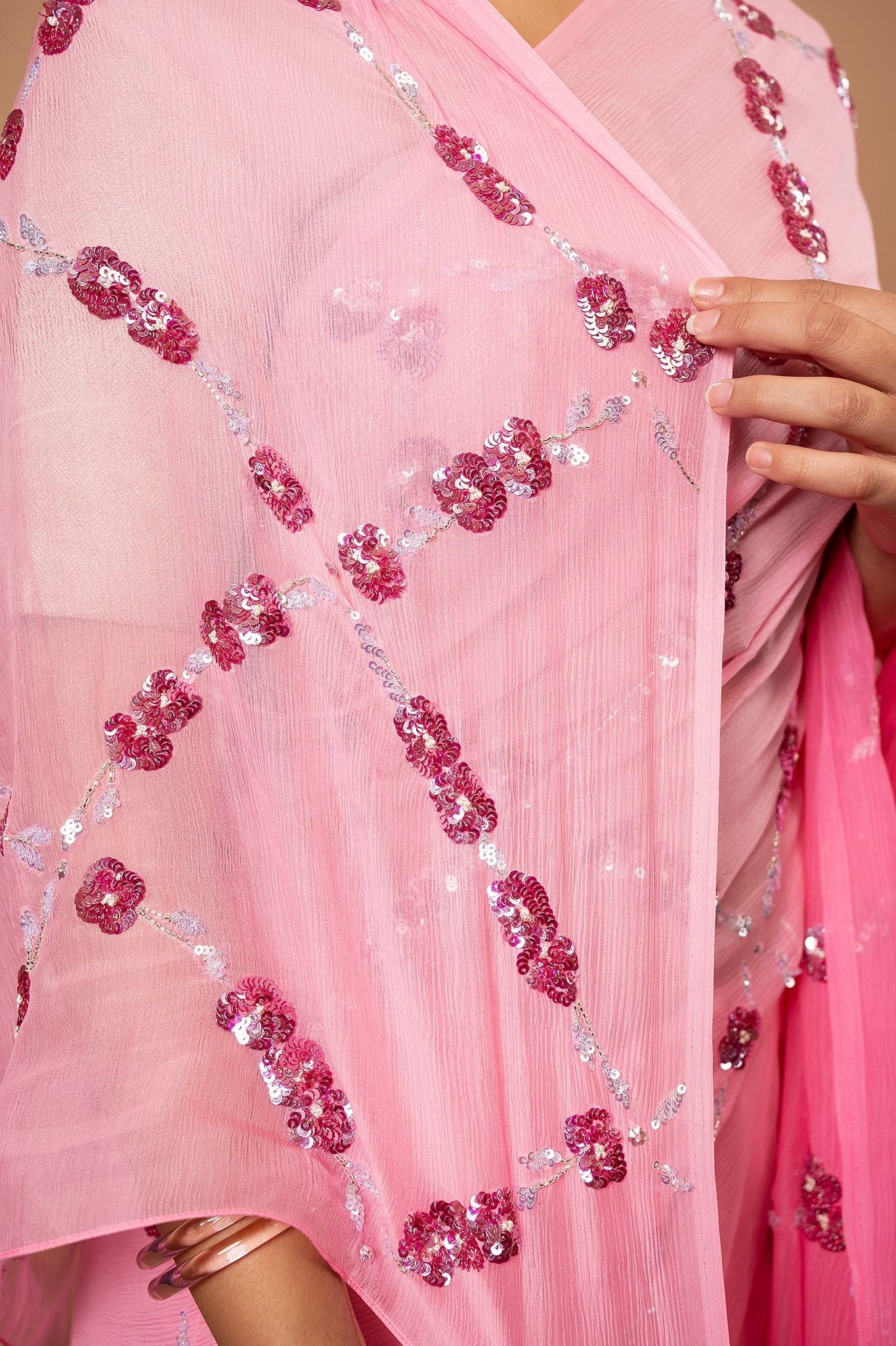 Pink light dark pure chiffon sequins  jaal handwork saree