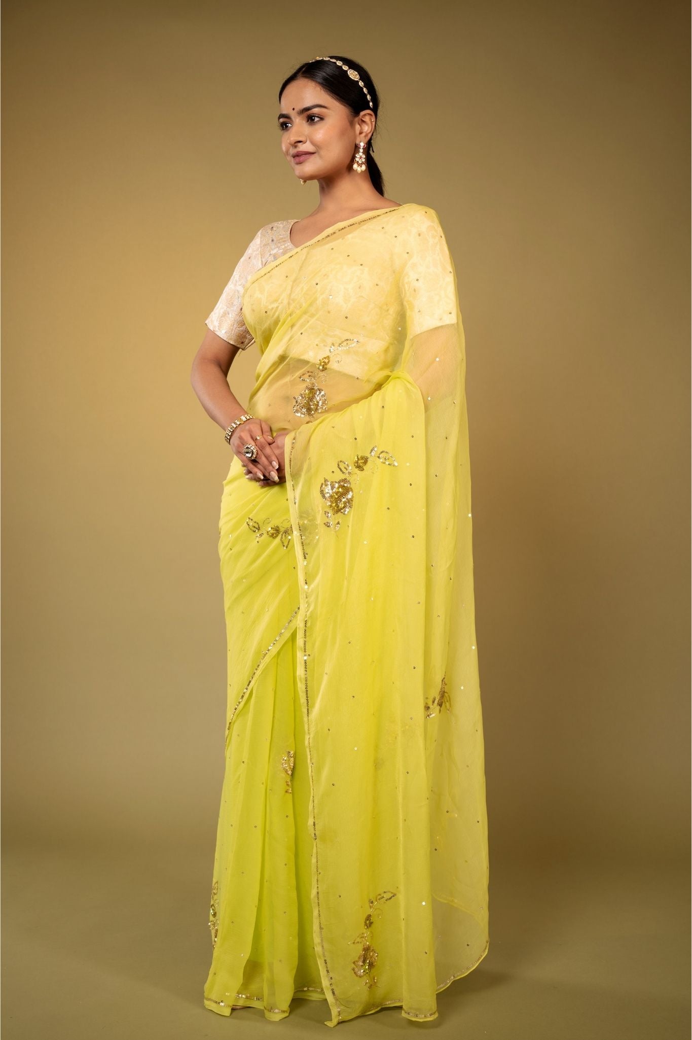 lemon viscose chiffon aari sequins  motif handwork casual wear saree